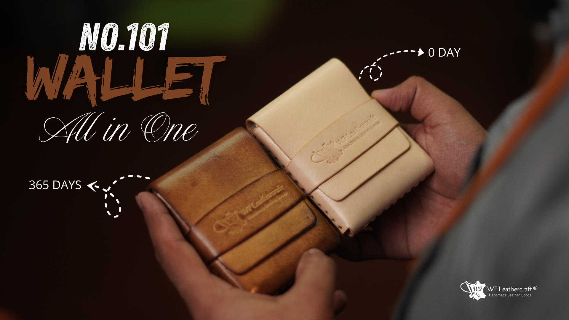 Two leather wallets held in hands with promotional text and branding.