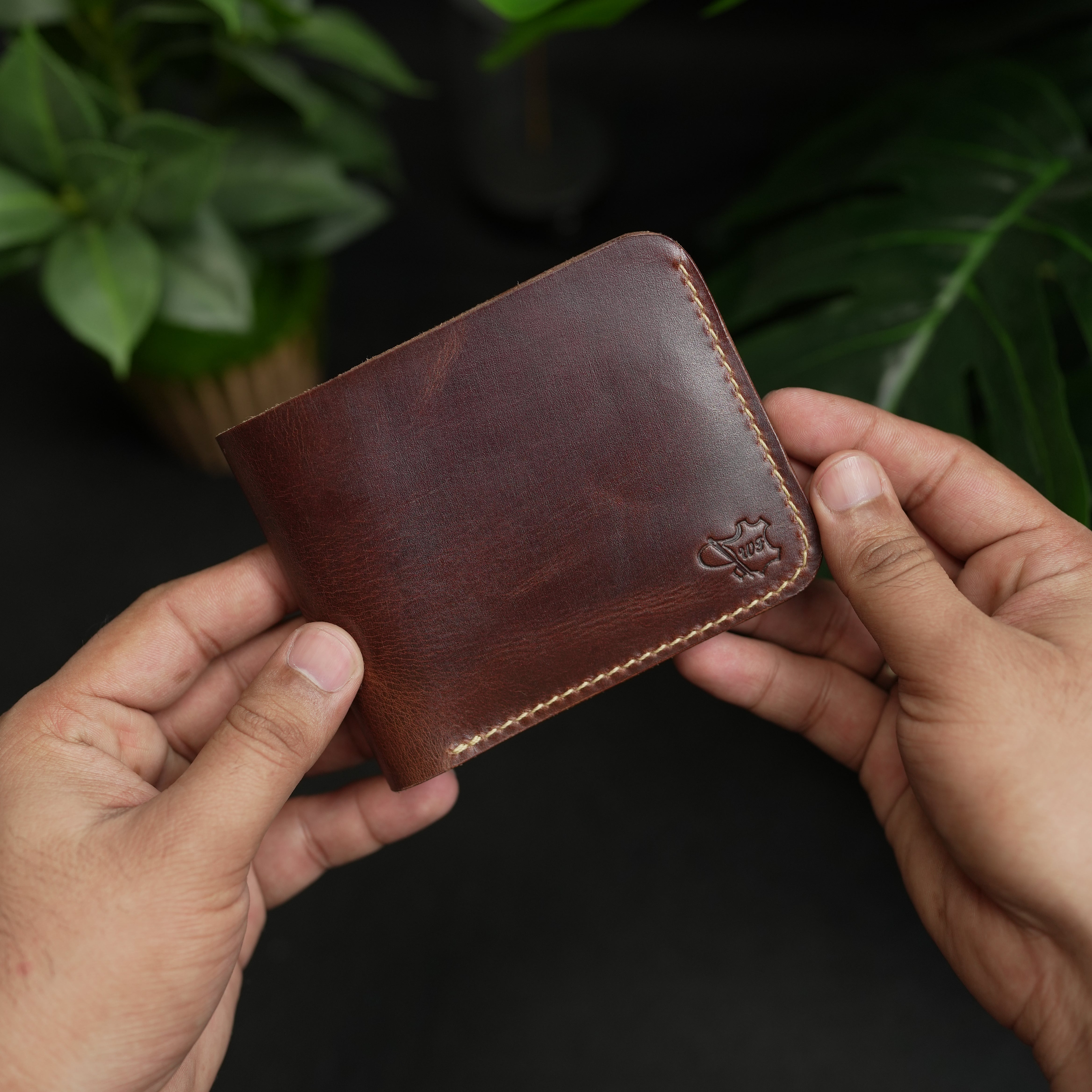 Brown leather wallet held by a hand with a dark background and green plants.