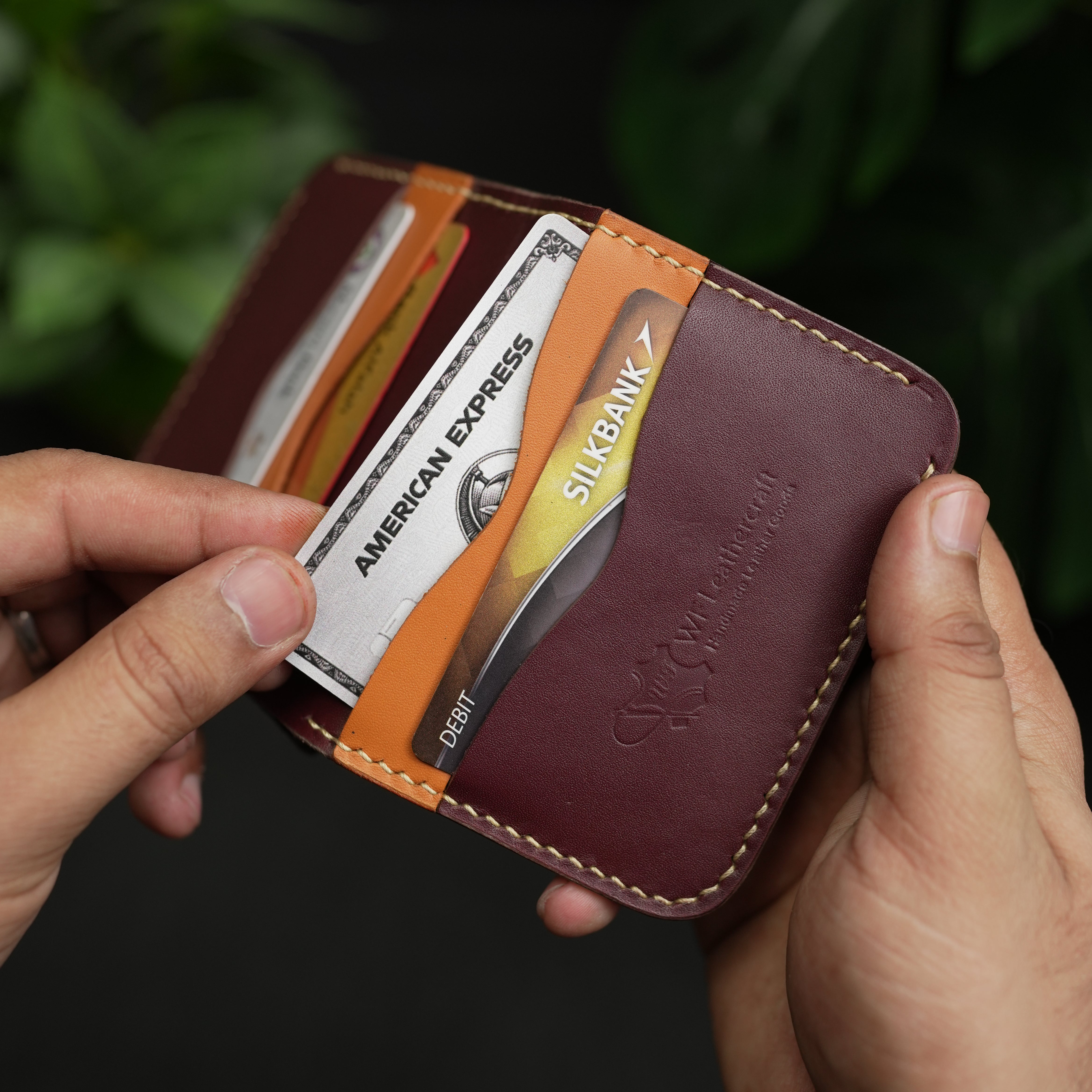 No.88 vertical bifold wallet Burgandy & Tan color