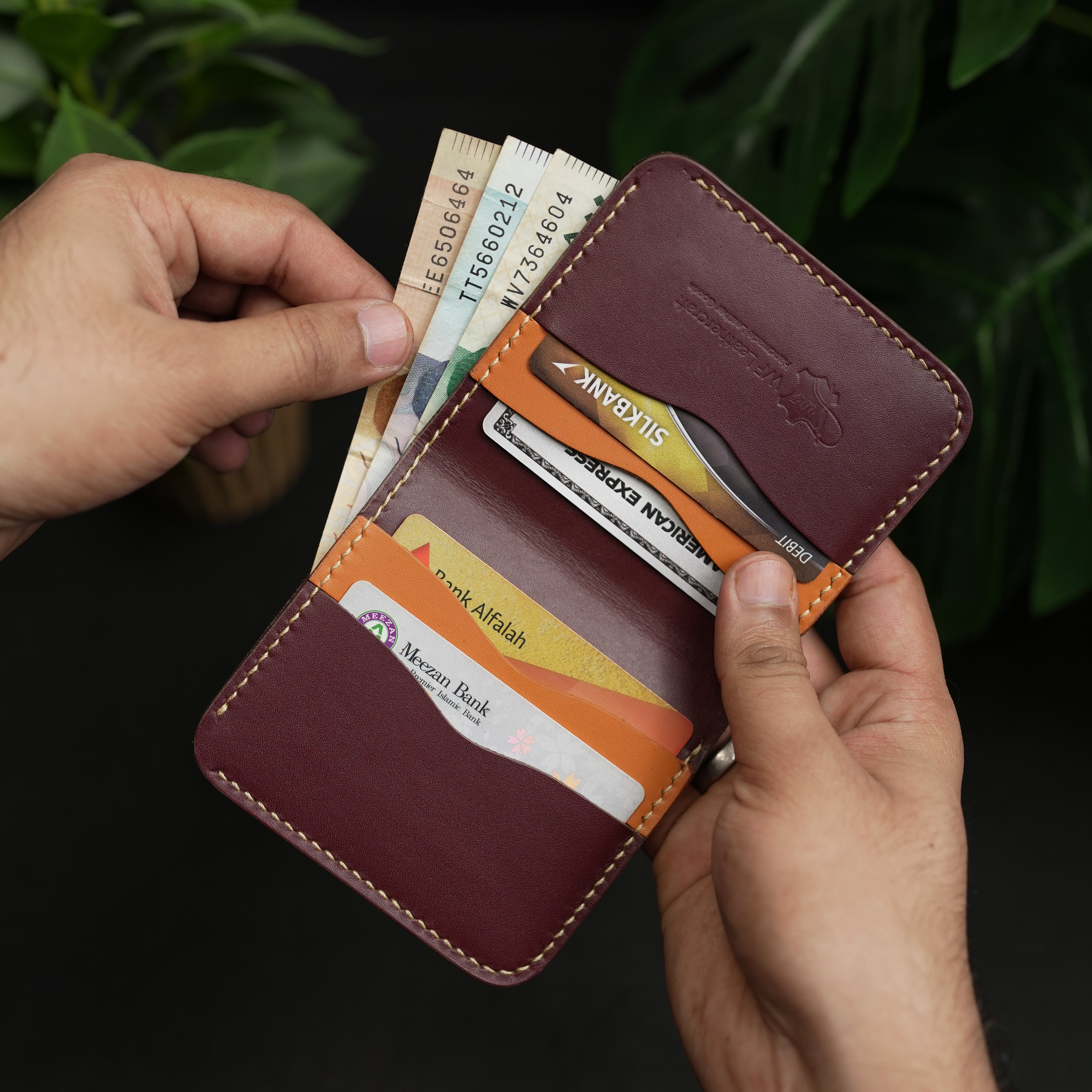 No.88 vertical bifold wallet Burgandy & Tan color