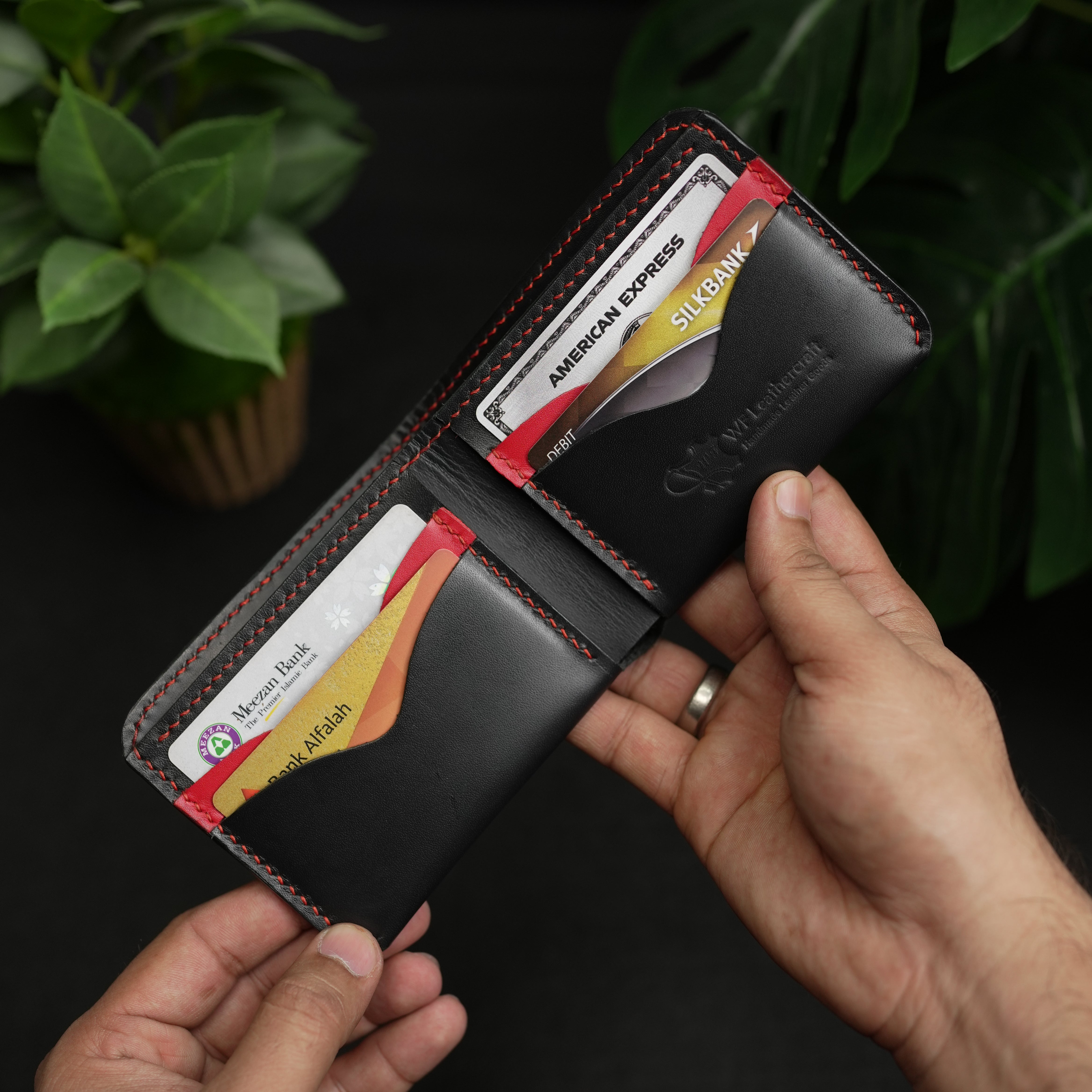 NO.81 Classic Bifold Luxury Leather Wallet – Black with Red Accents