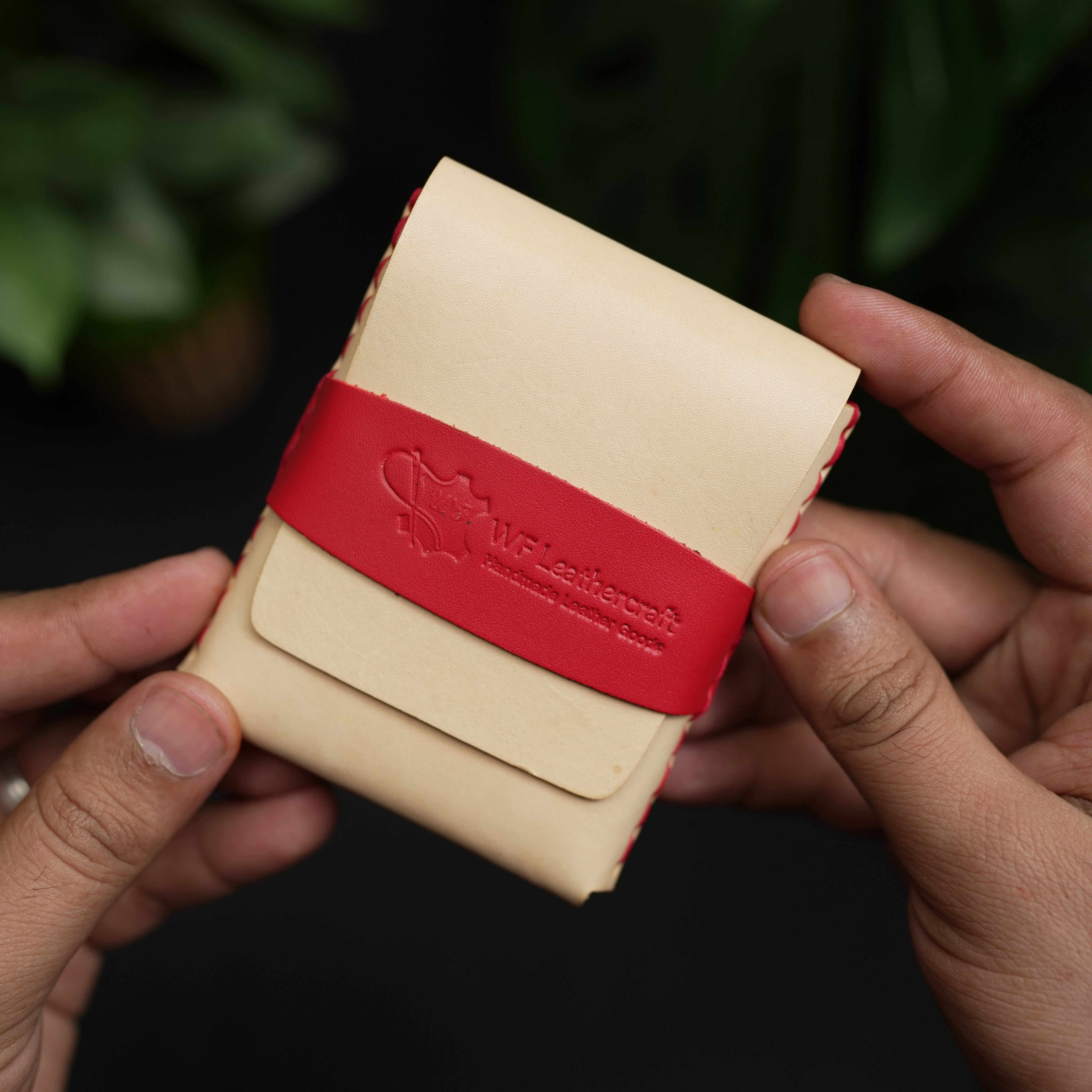 No. 101 All in one Card wallet natural vegtan leather & Red combination