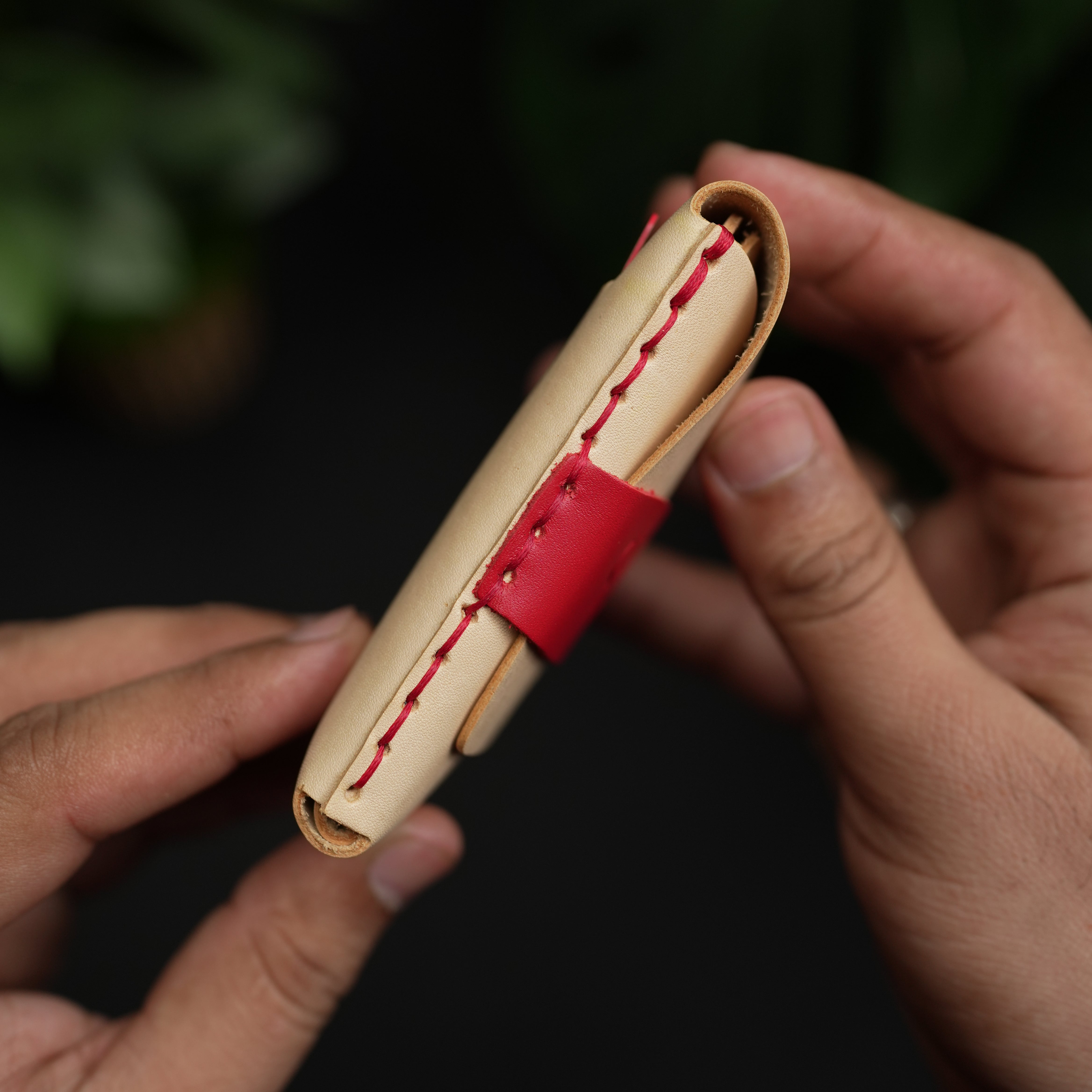 No. 101 All in one Card wallet natural vegtan leather & Red combination