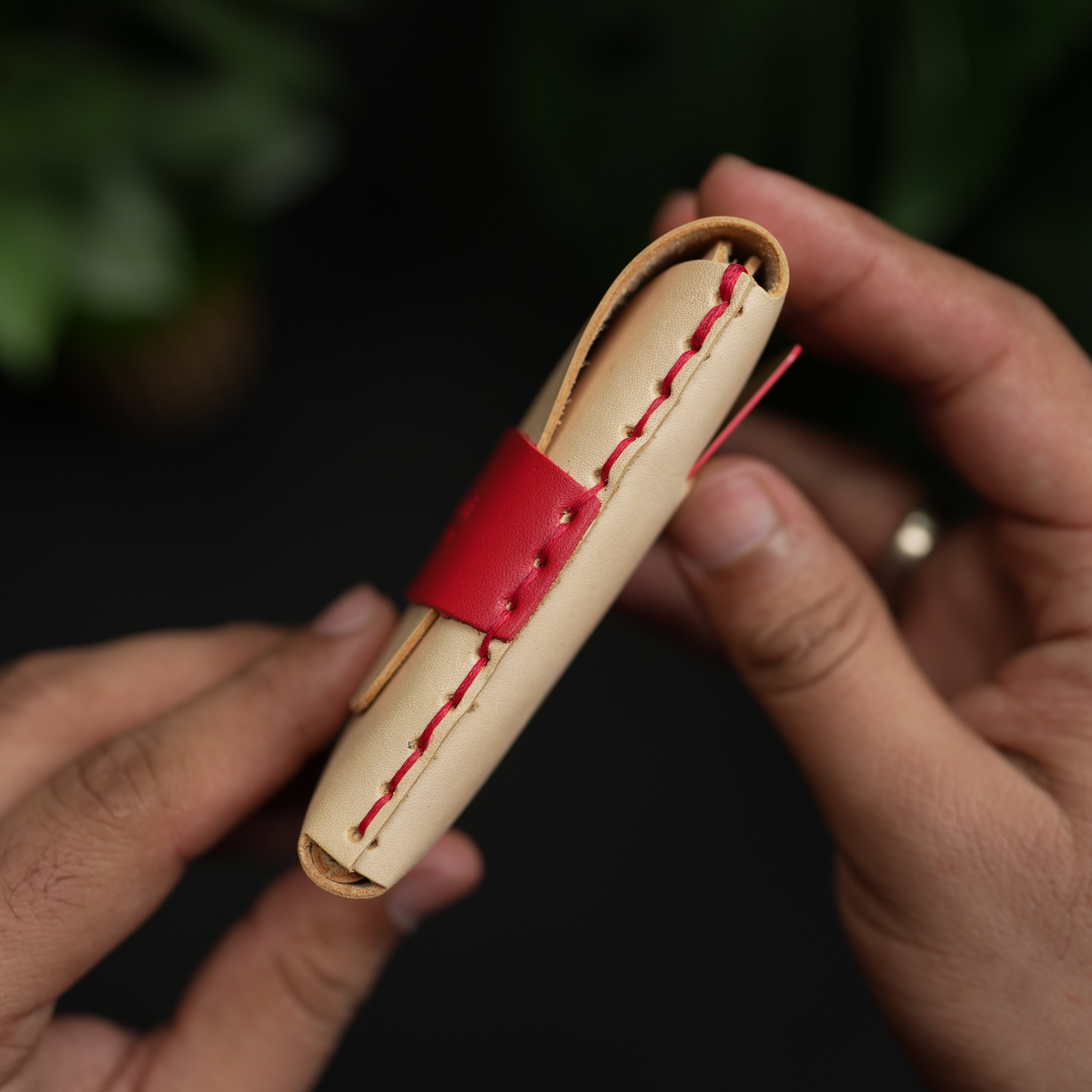 No. 101 All in one Card wallet natural vegtan leather & Red combination