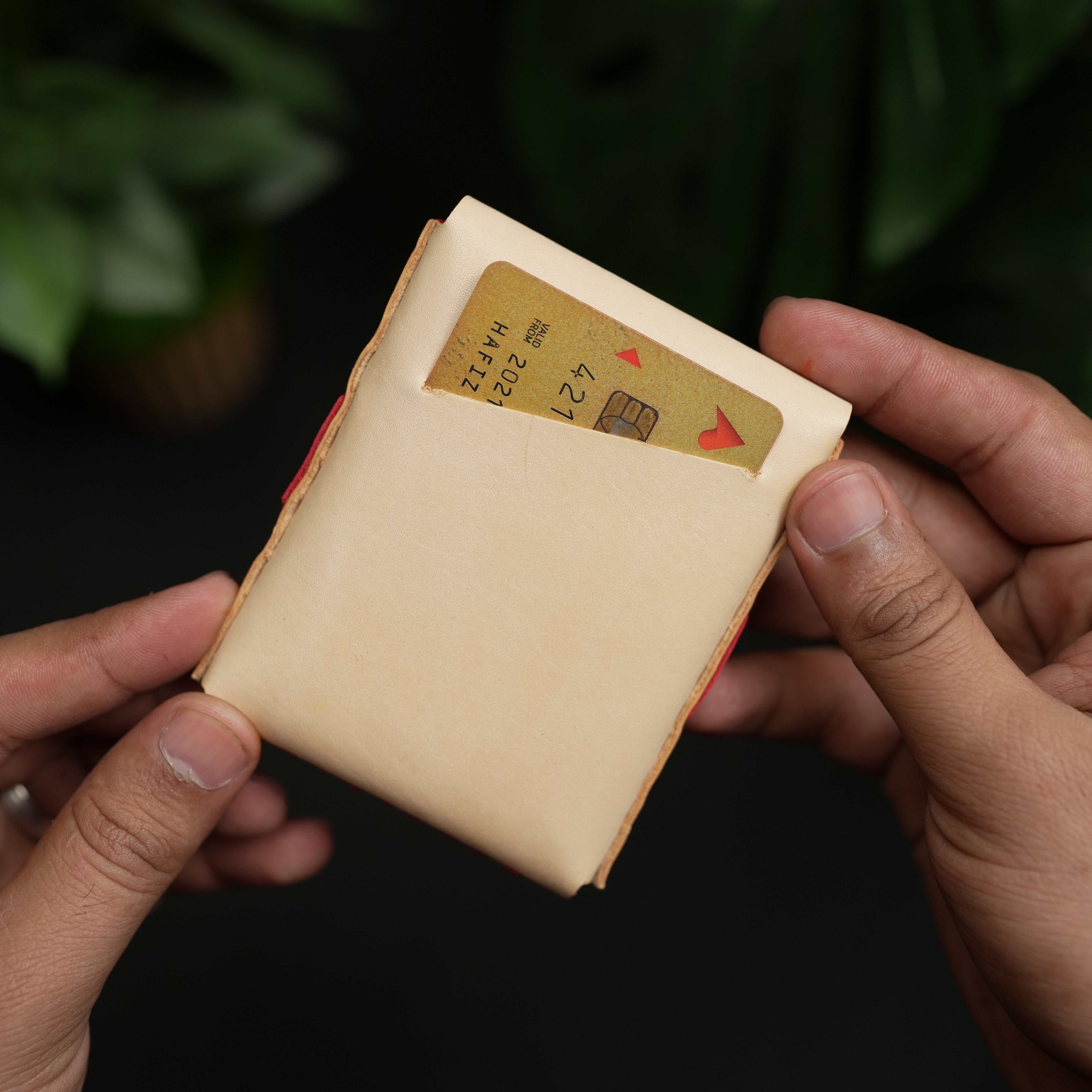 No. 101 All in one Card wallet natural vegtan leather & Red combination