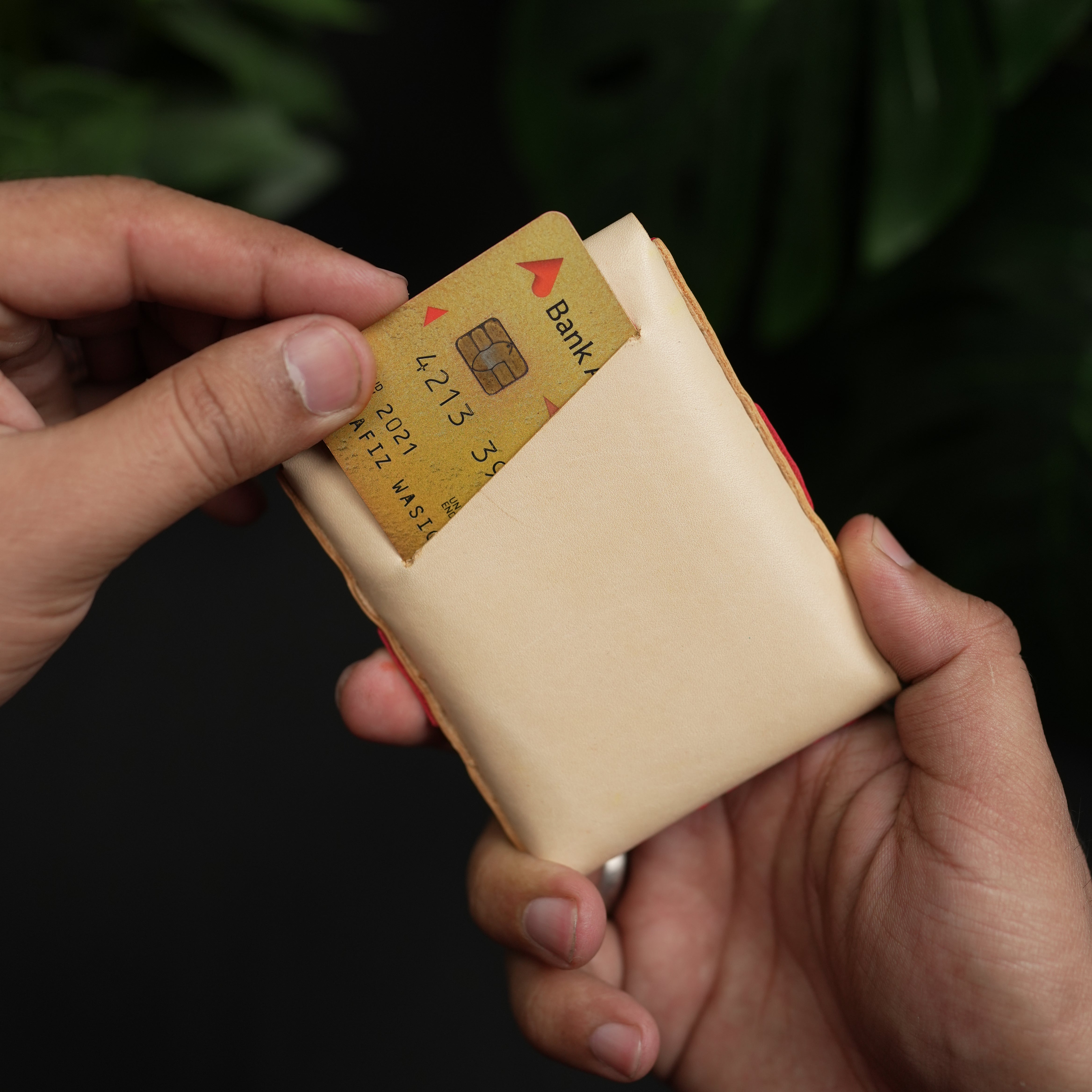 No. 101 All in one Card wallet natural vegtan leather & Red combination