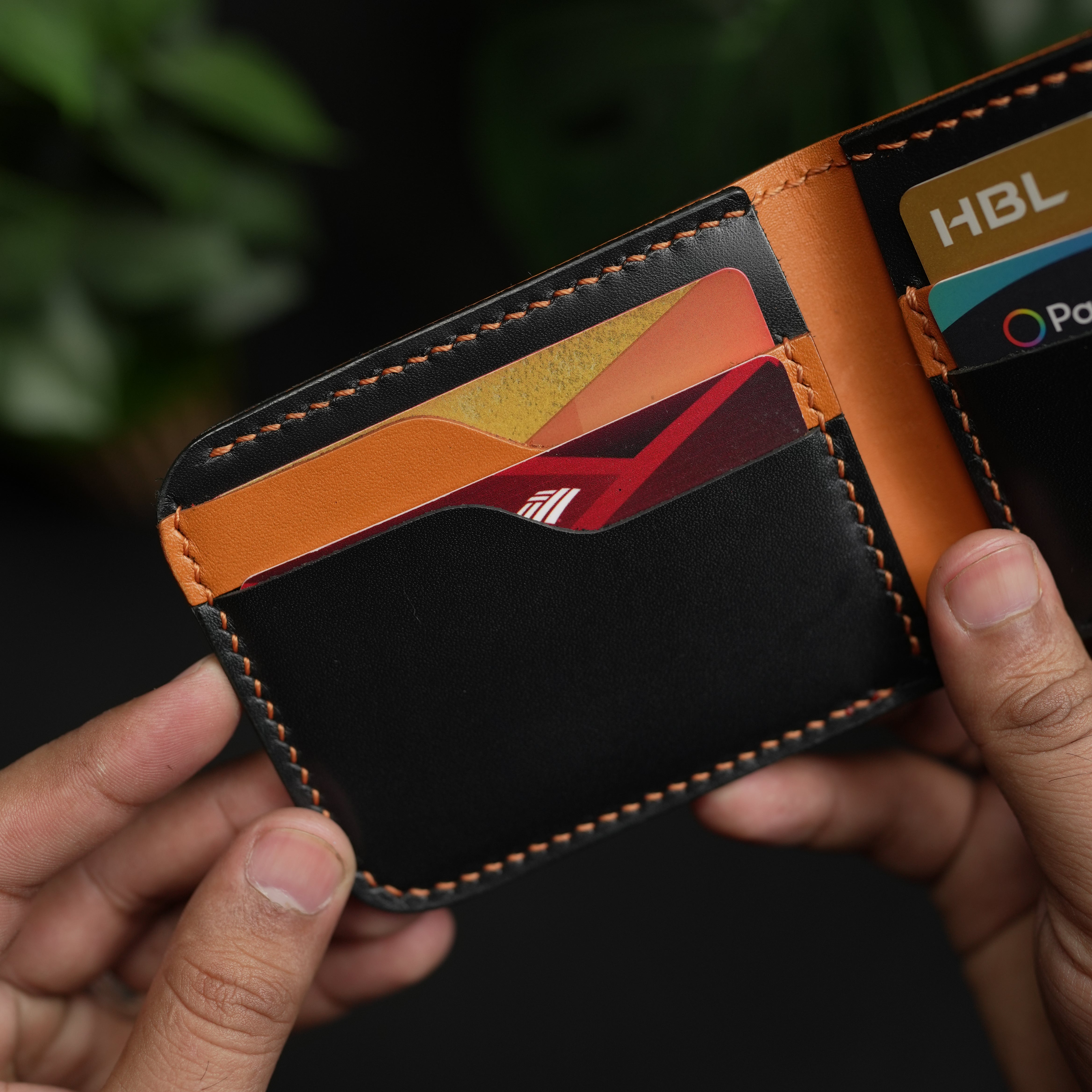 No.55 classic bifold Vegetable Tanned Leather Wallet Black With Tan color Combinaton