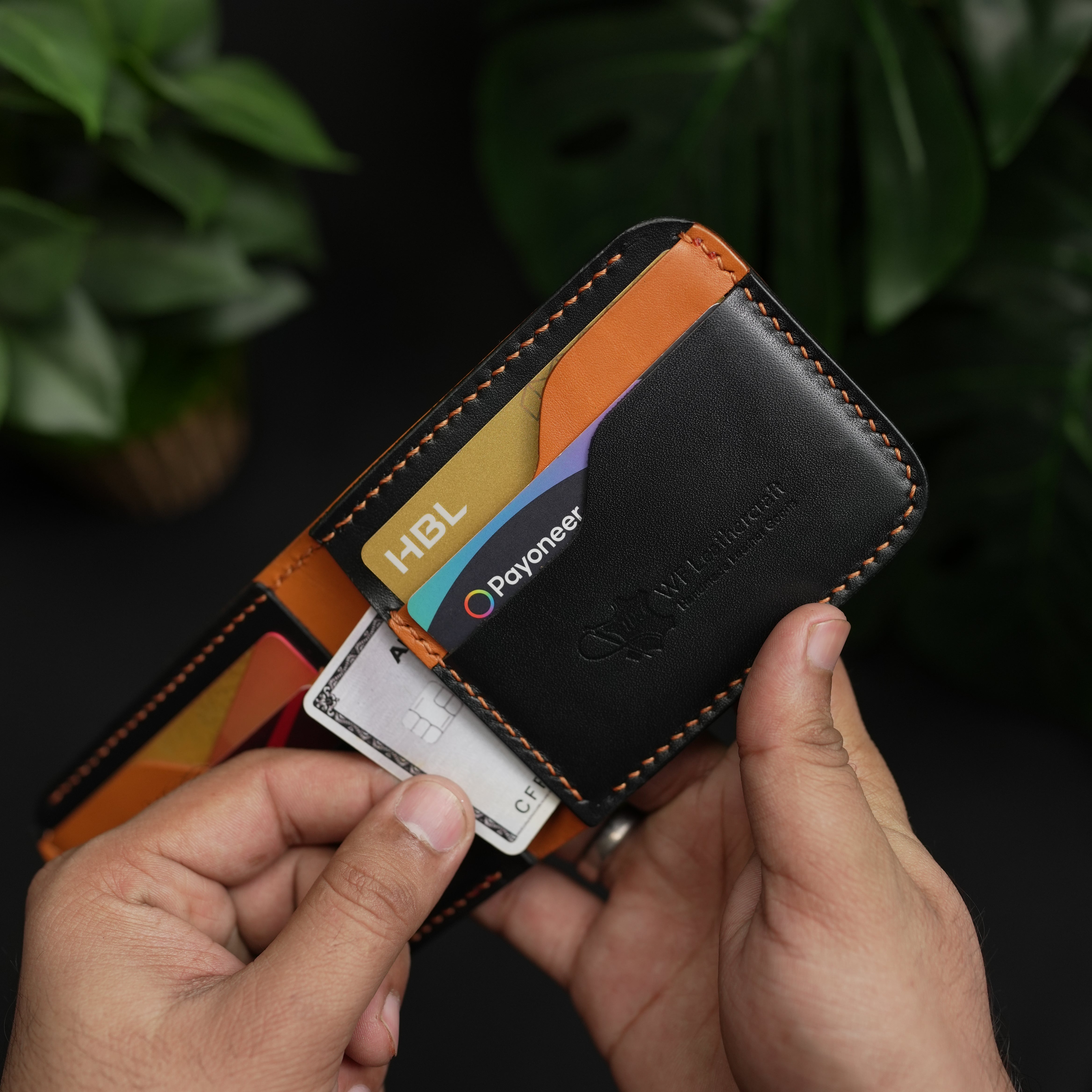 No.55 classic bifold Vegetable Tanned Leather Wallet Black With Tan color Combinaton