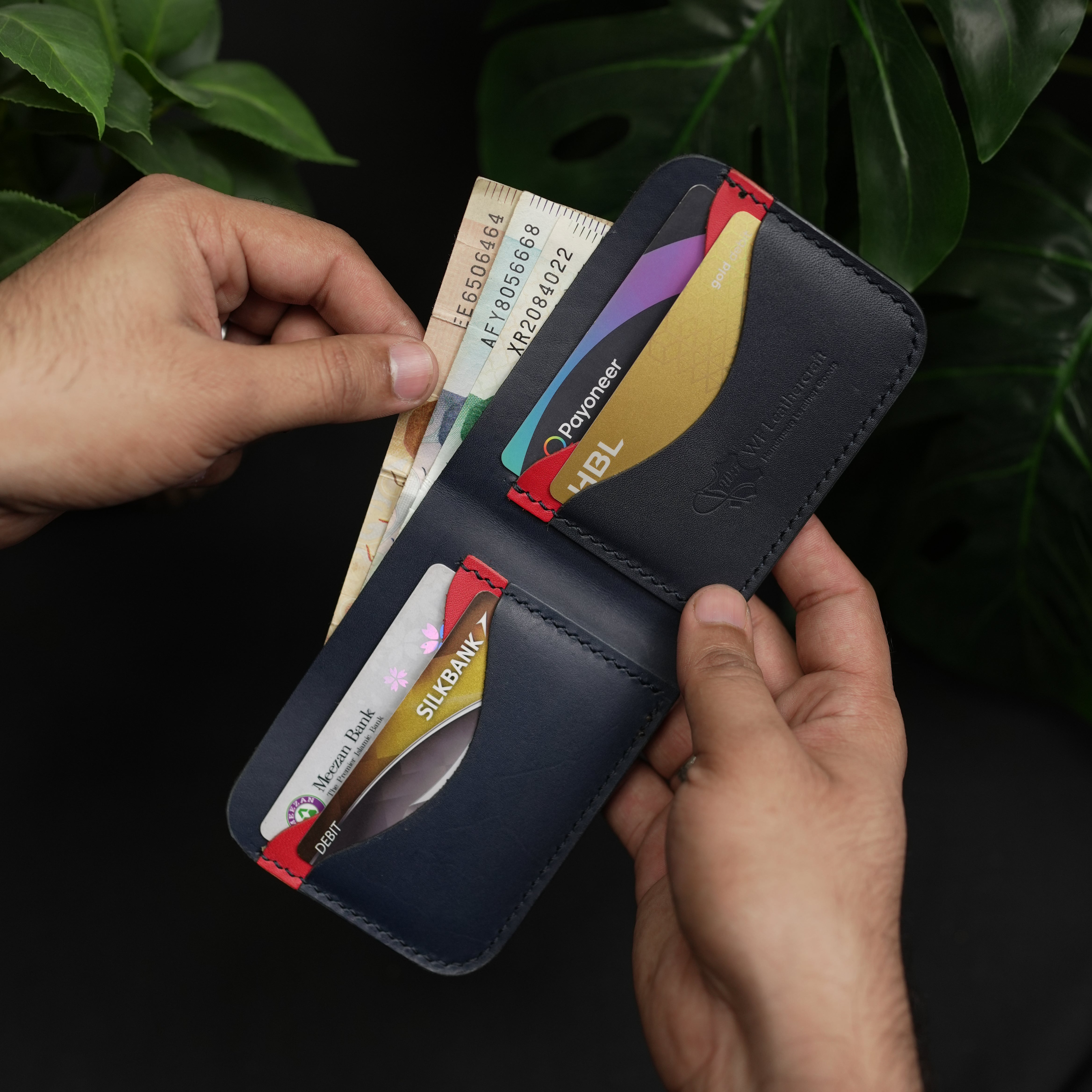 No.80 Bifold Leather Wallet (Navy Elegance & Red)