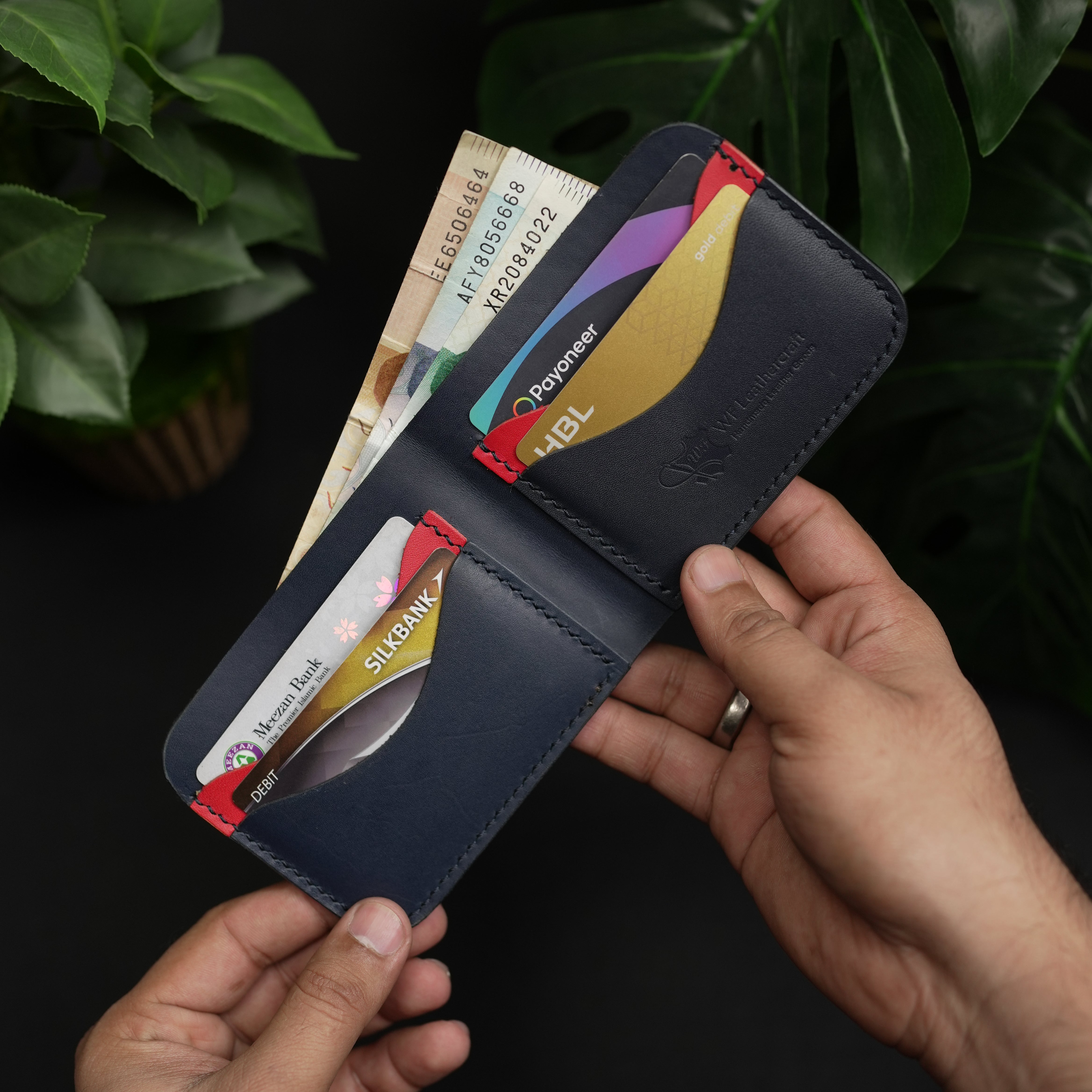 No.80 Bifold Leather Wallet (Navy Elegance & Red)