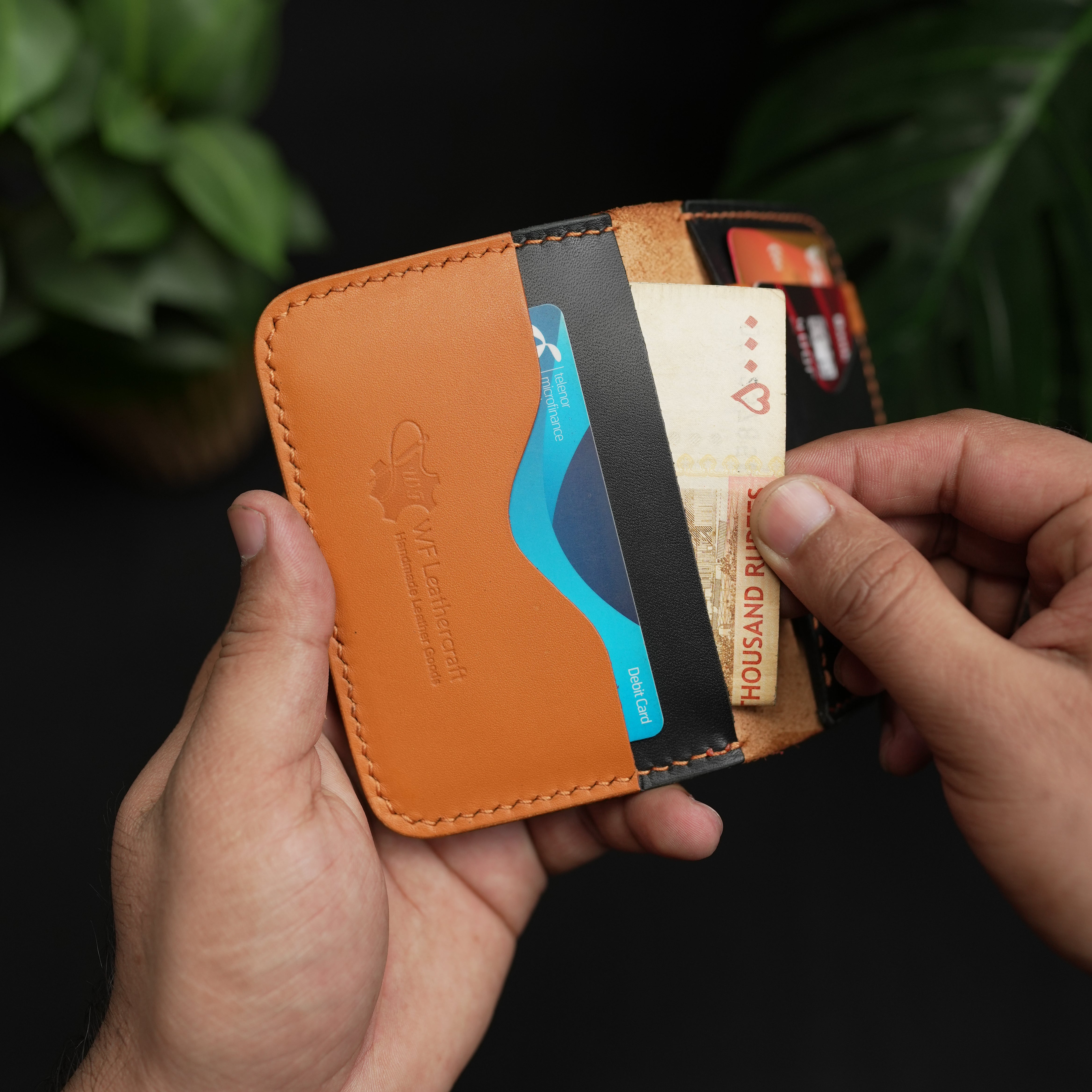 No.70 Bifold Card Leather Wallet ( Cosmic Black & Tan )