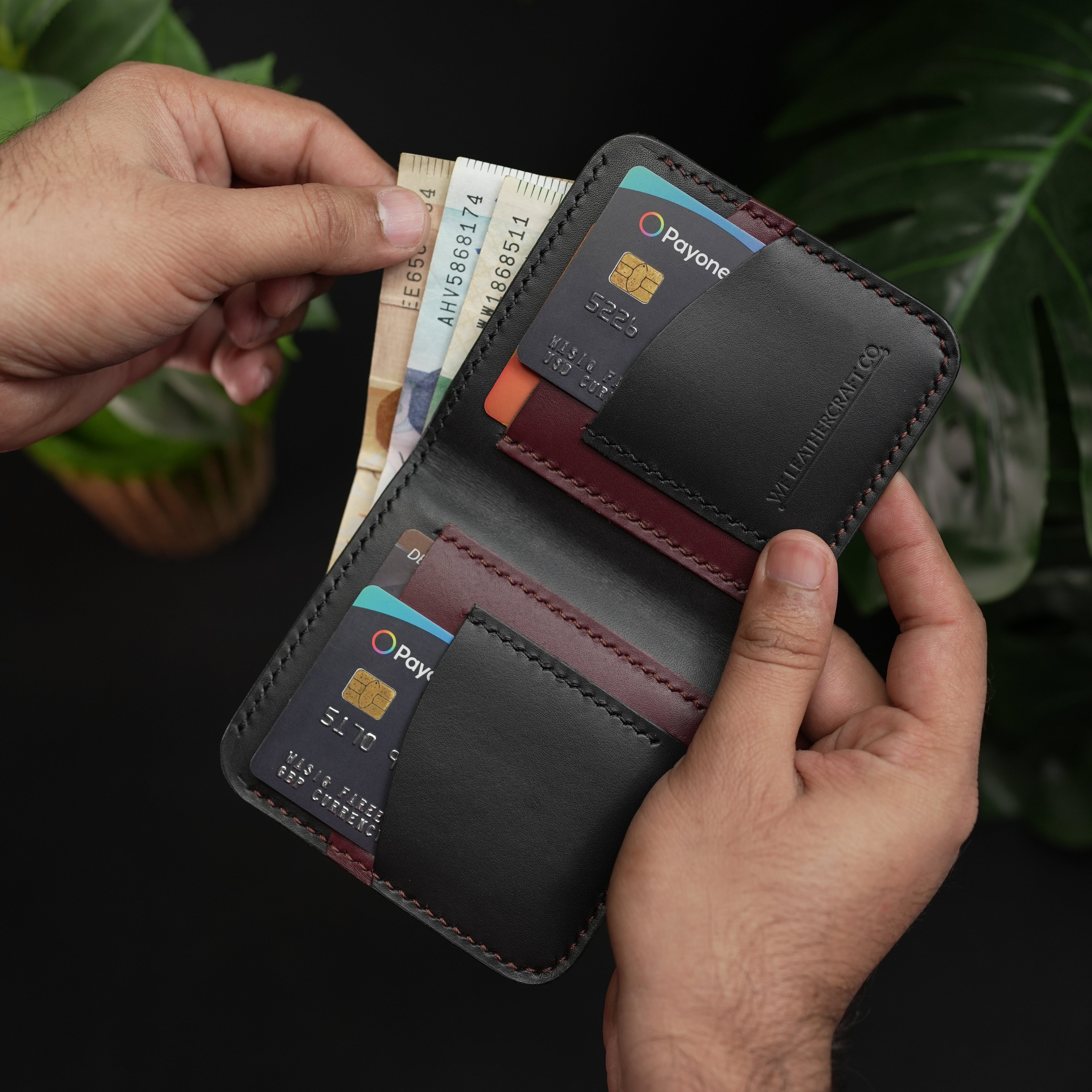 NO.86 VERTICLE BIFOLD LEATHER WALLET ( BURGANDY & OCEAN BLACK )