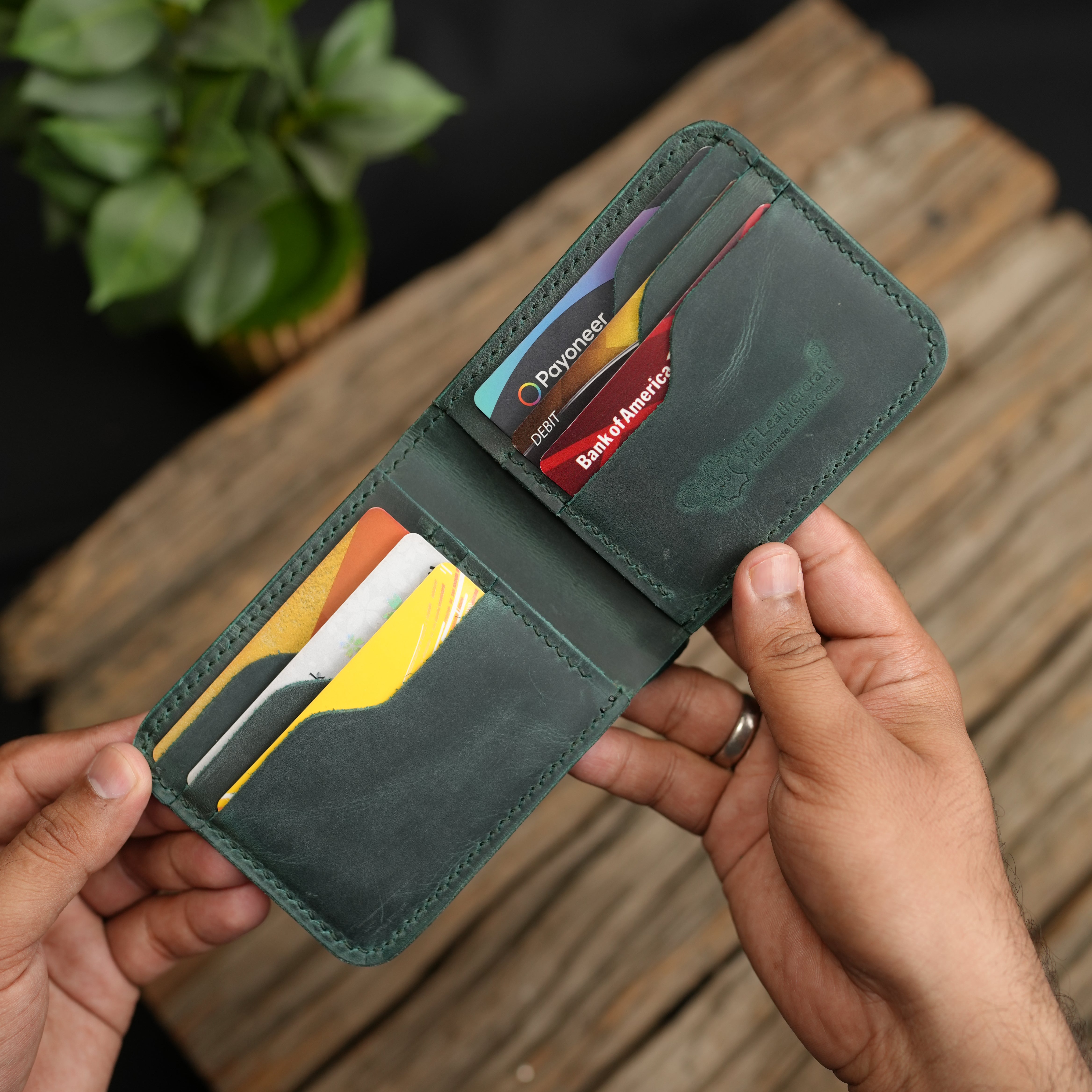 No.55 Pro Classic Bifold Wallet Leather wallet Full Stitching Green Color