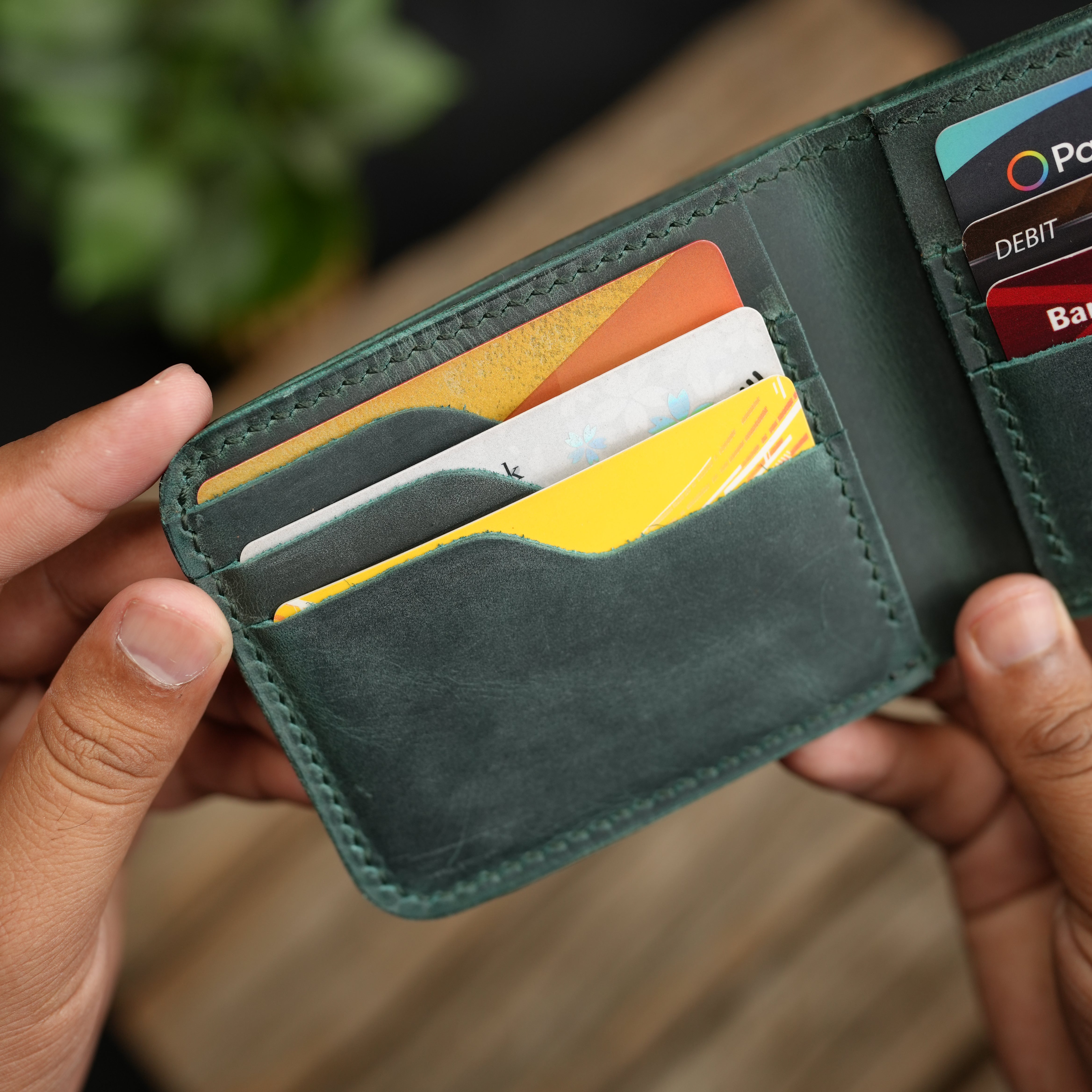 No.55 Pro Classic Bifold Wallet Leather wallet Full Stitching Green Color