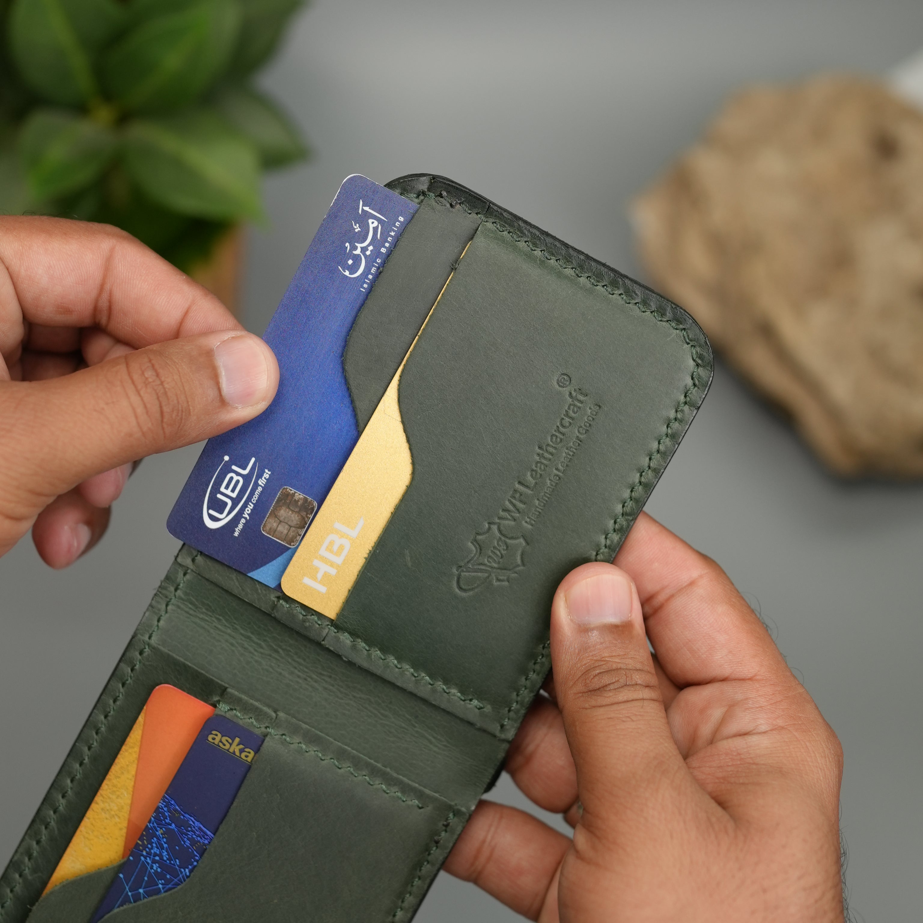 No. 55 claasic Leather Wallet Full Stitshing Green Color