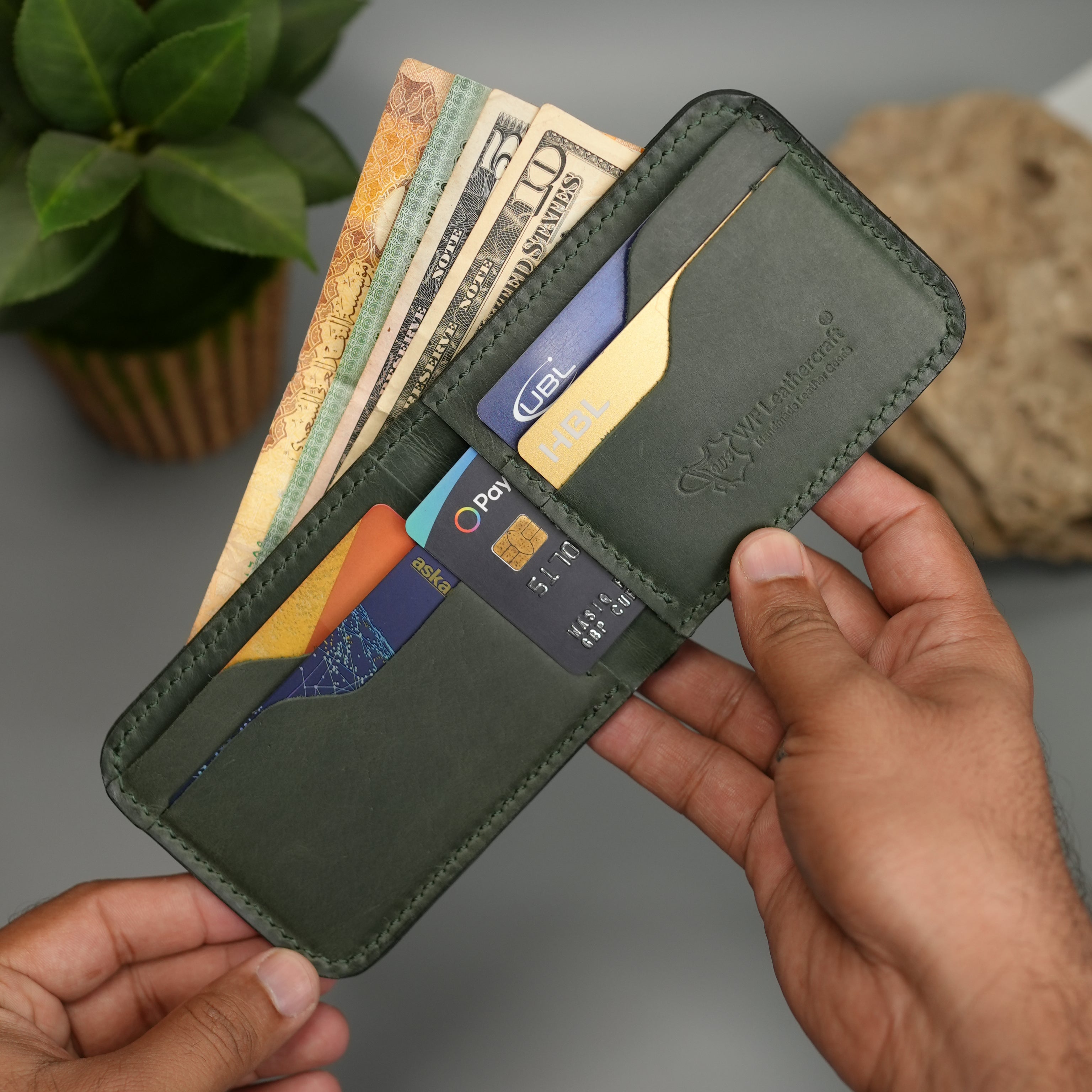 No. 55 claasic Leather Wallet Full Stitshing Green Color