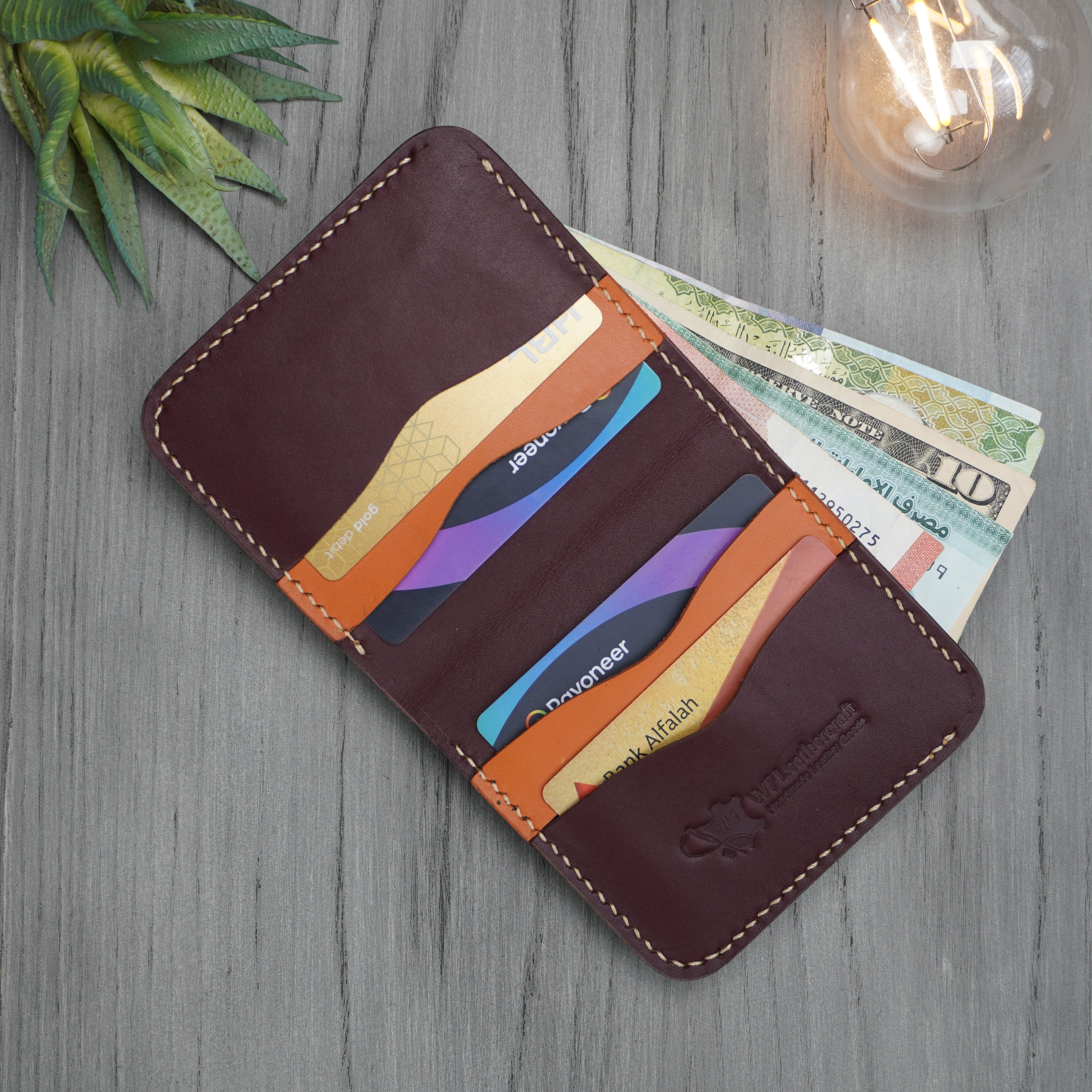 No.88 vertical bifold wallet Burgandy & Tan color