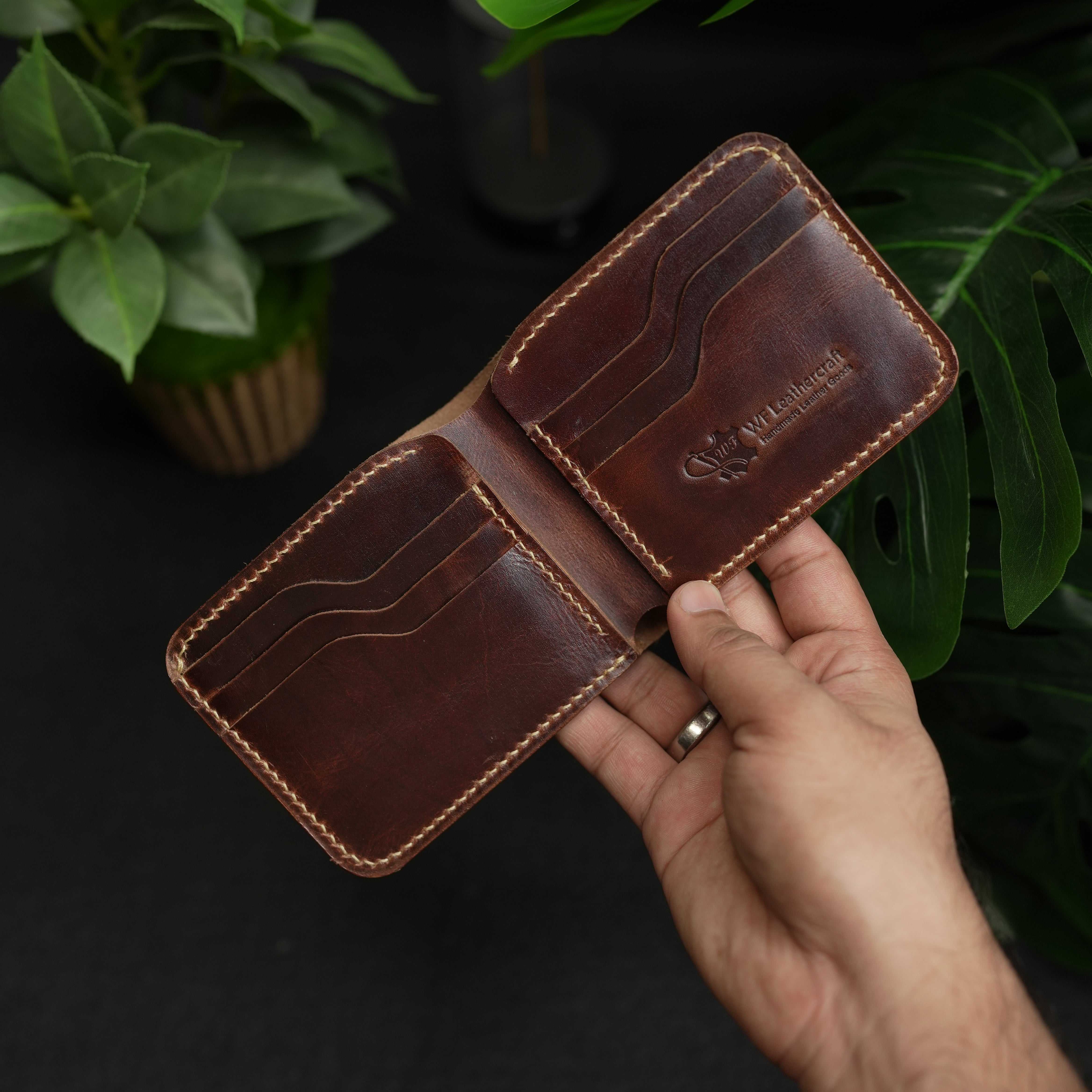 Brown leather wallet held by a hand with a dark background and green plants.