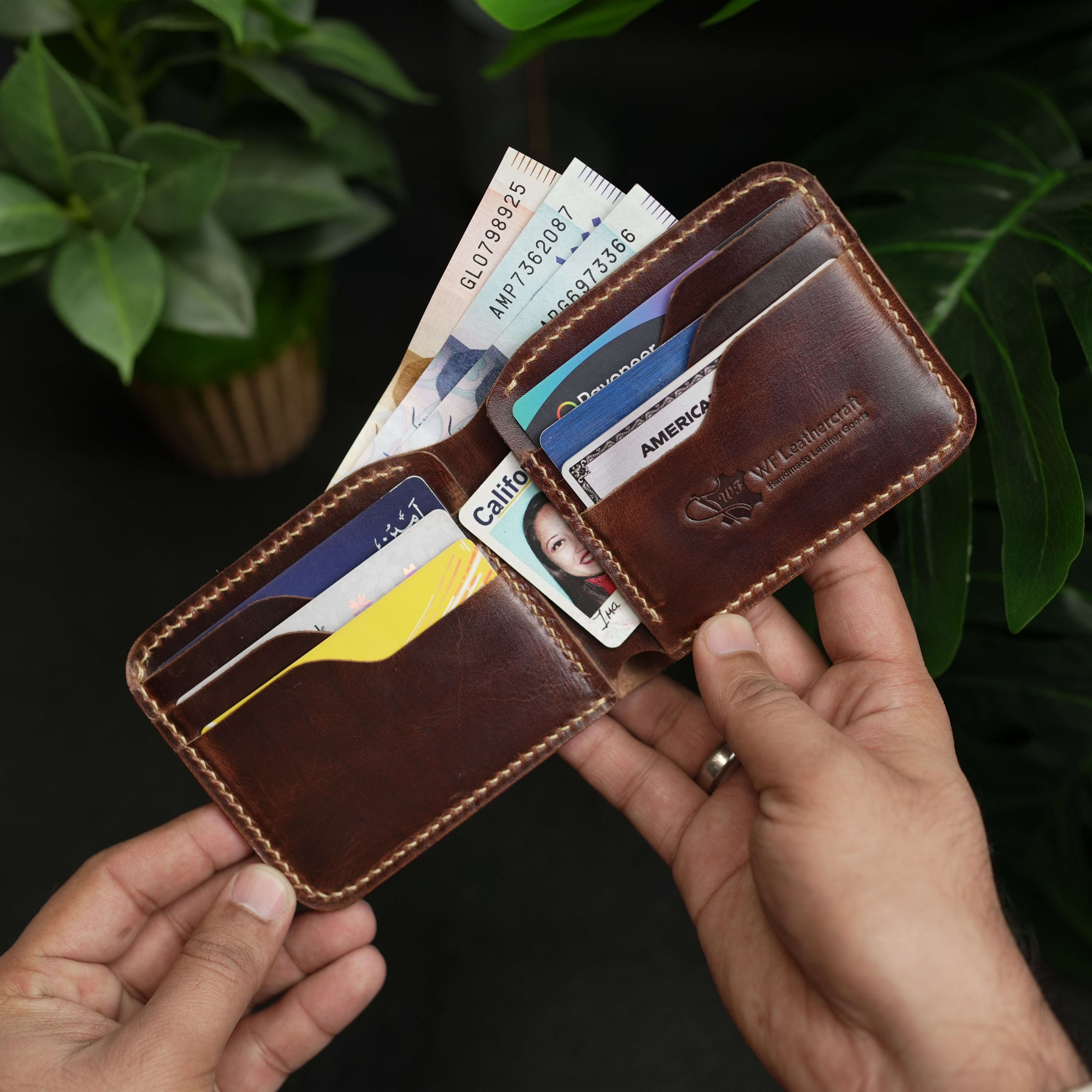 Brown leather wallet with cards and money held by a person, with green plants in the background
