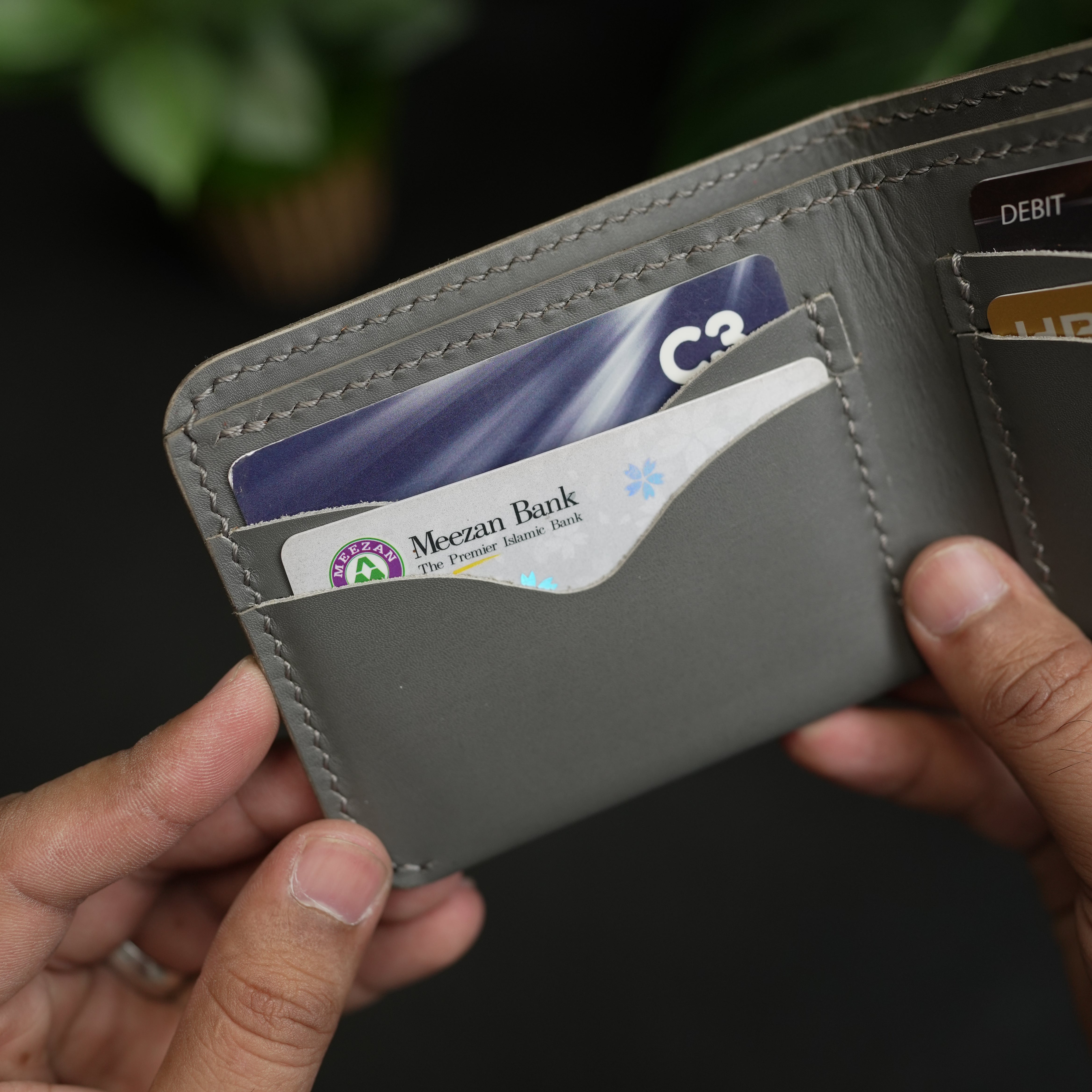 No. 81 full stitched bifold Leather Wallet Gray color