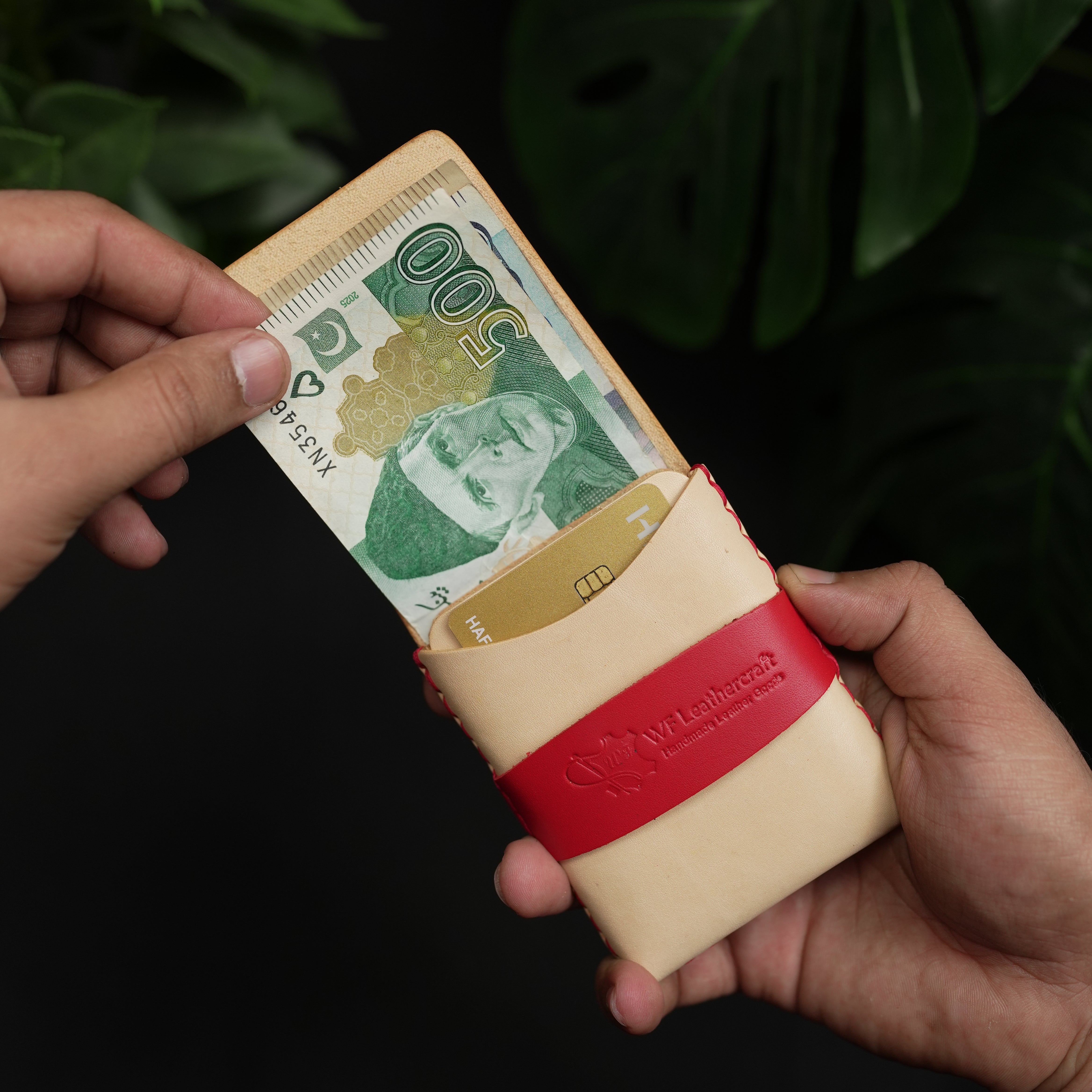 No. 101 All in one Card wallet natural vegtan leather & Red combination