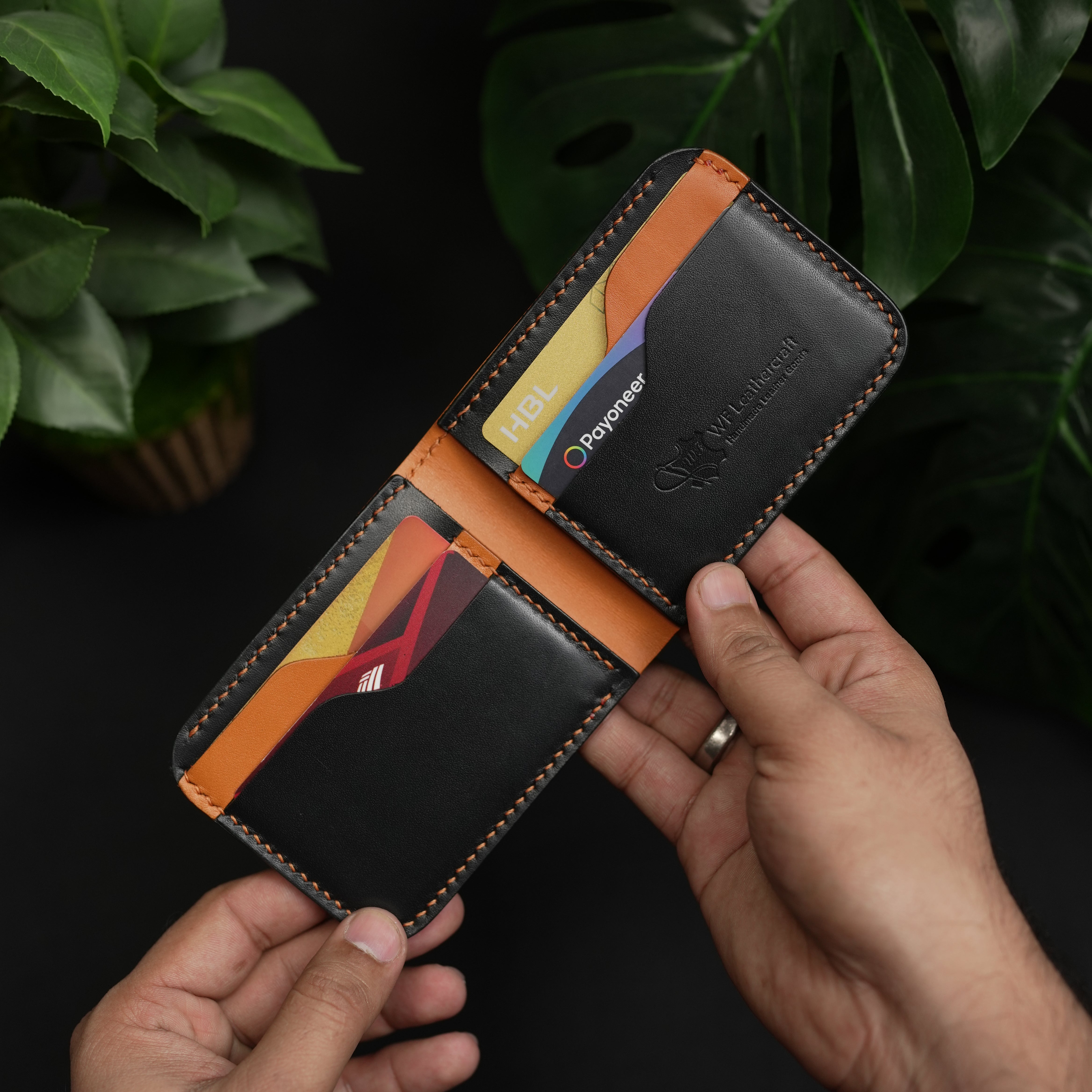 No.55 classic bifold Vegetable Tanned Leather Wallet Black With Tan color Combinaton