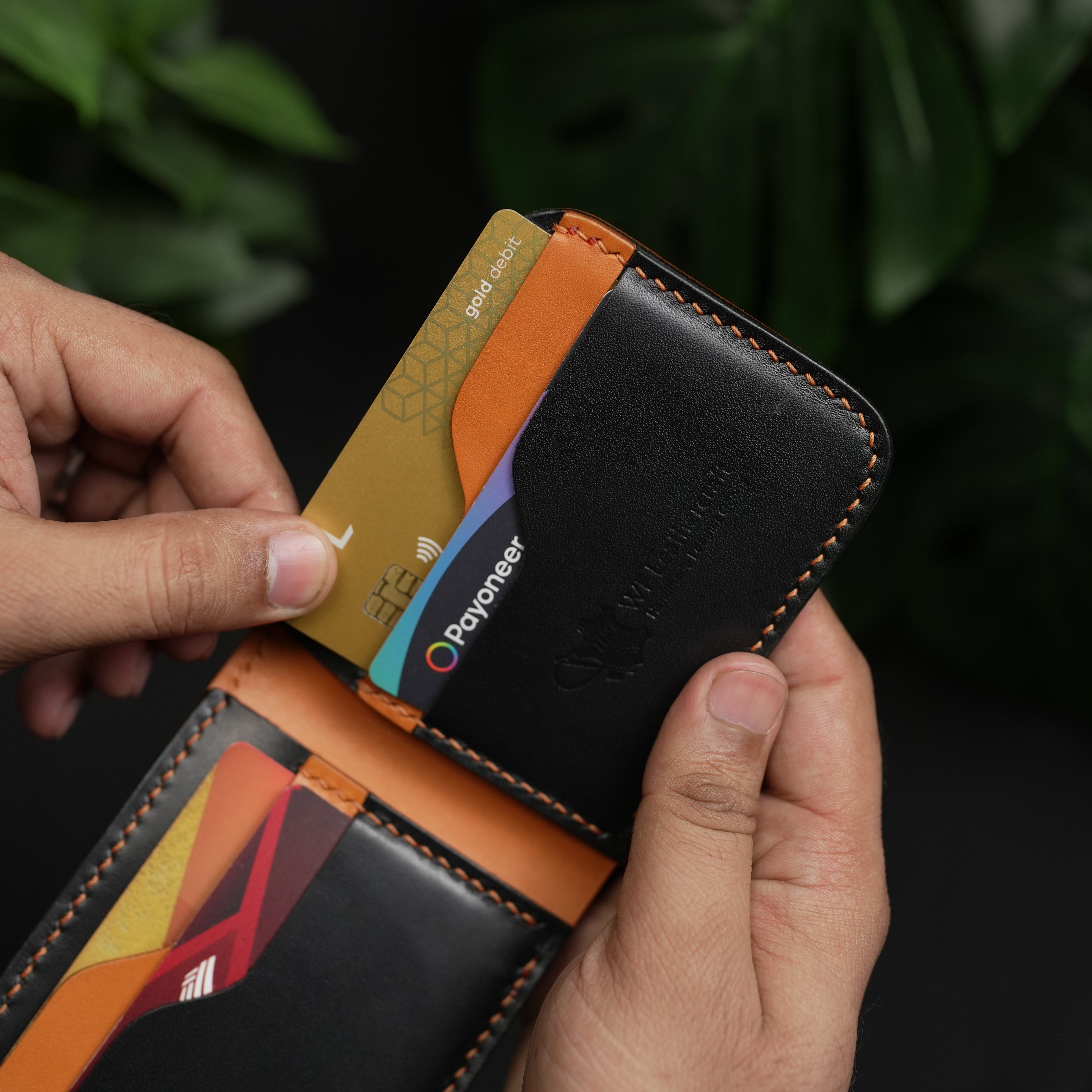 No.55 classic bifold Vegetable Tanned Leather Wallet Black With Tan color Combinaton