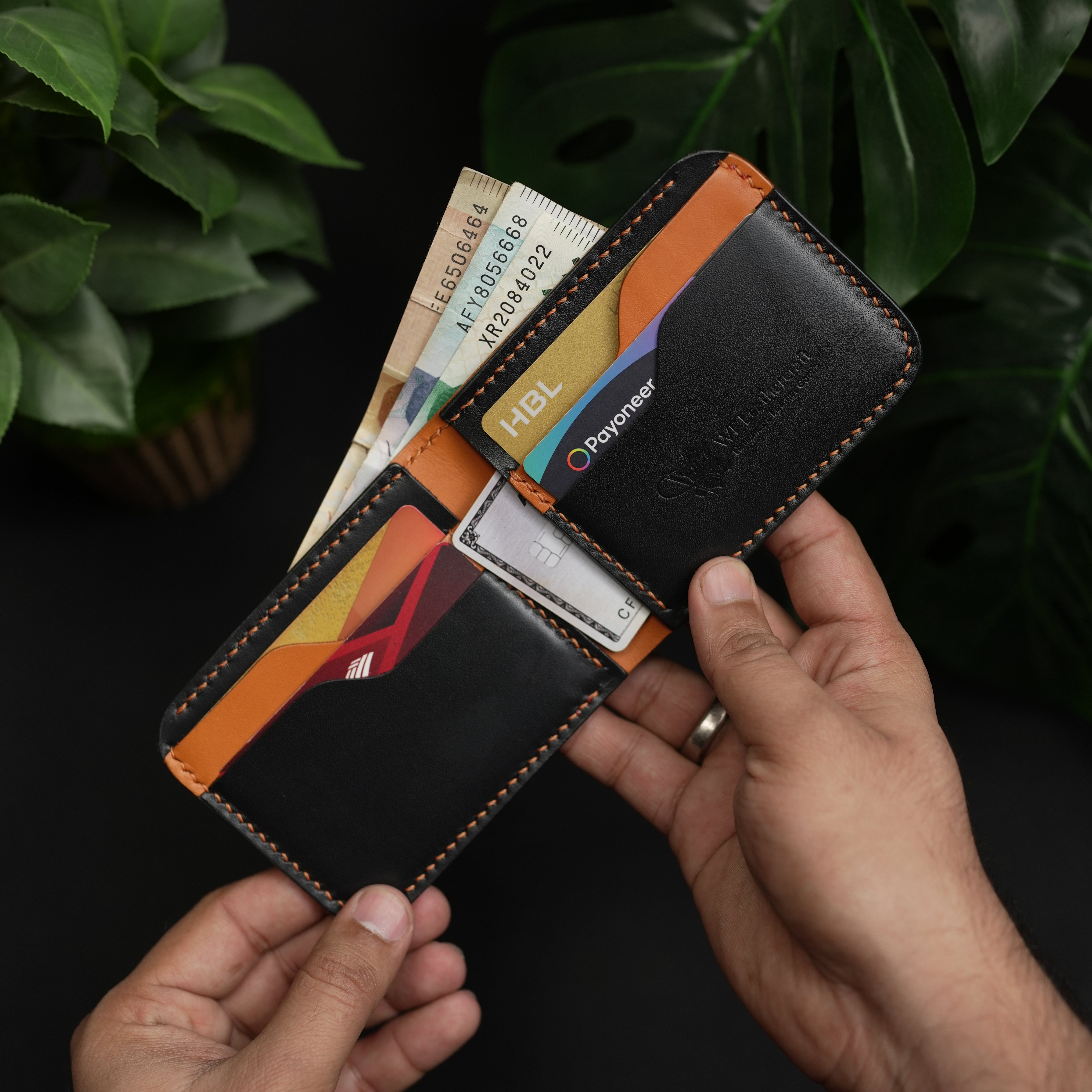 No.55 classic bifold Vegetable Tanned Leather Wallet Black With Tan color Combinaton