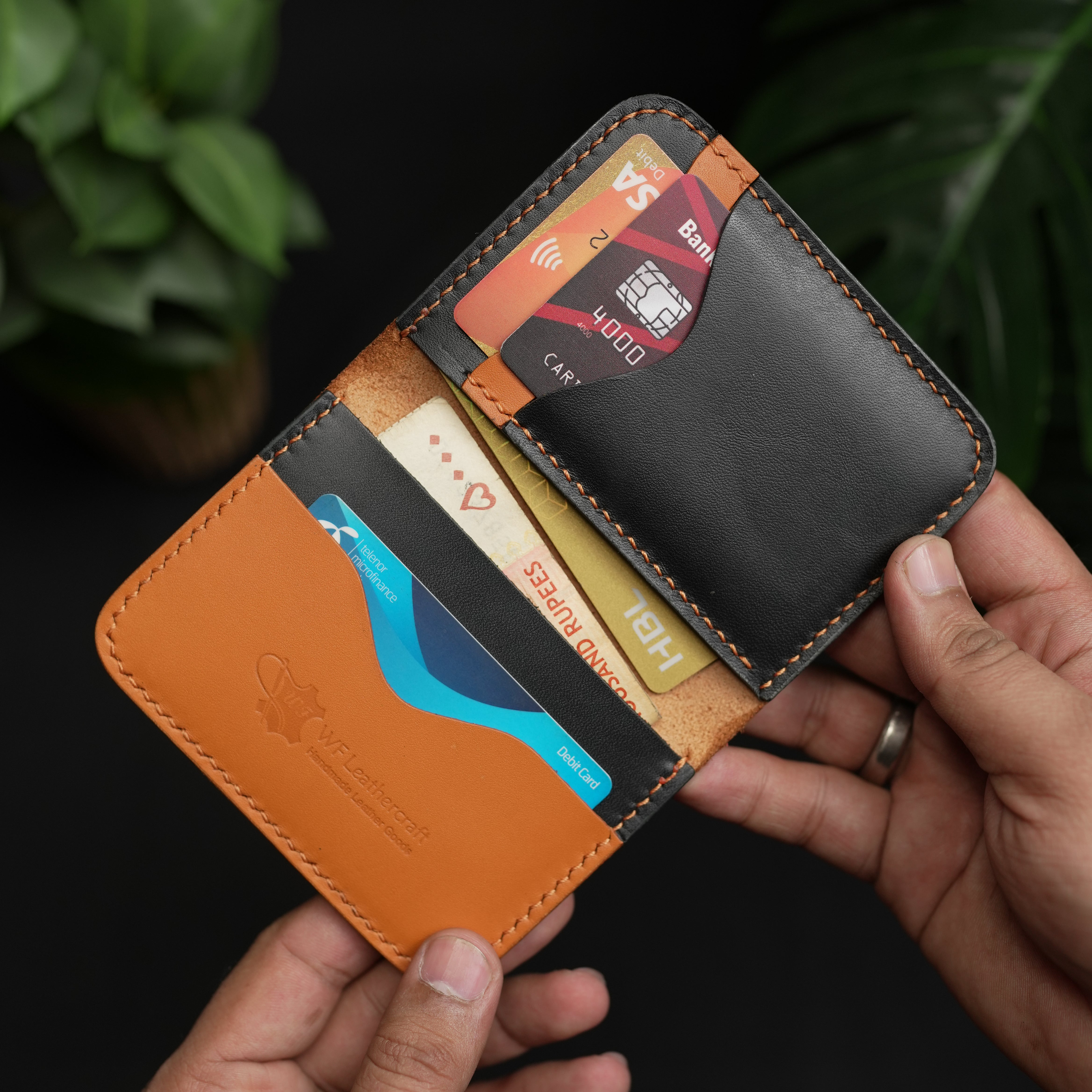No.70 Bifold Card Leather Wallet ( Cosmic Black & Tan )