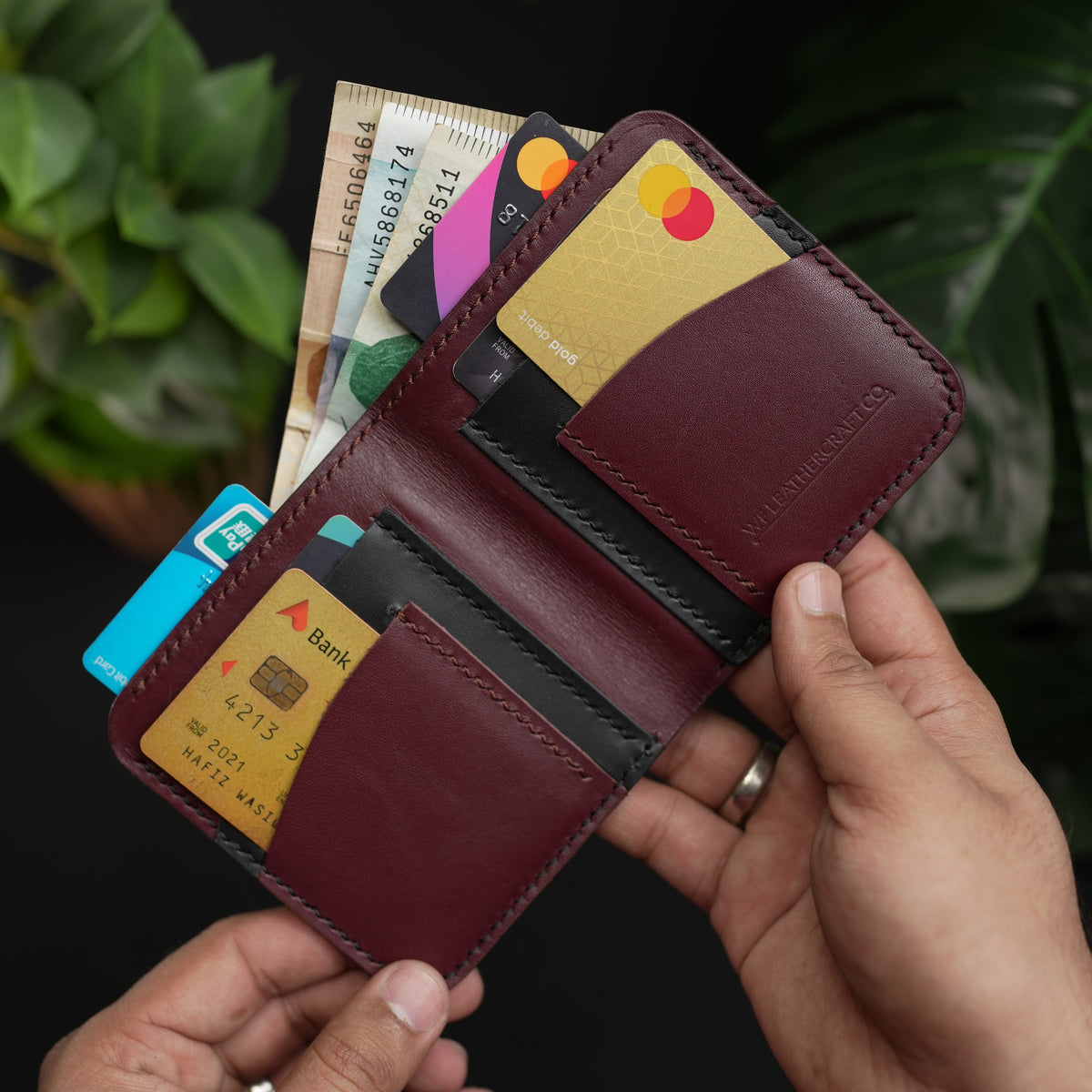 No.86 Bifold Leather Wallet Ocean Black & Burgundy | WF Leathercraft