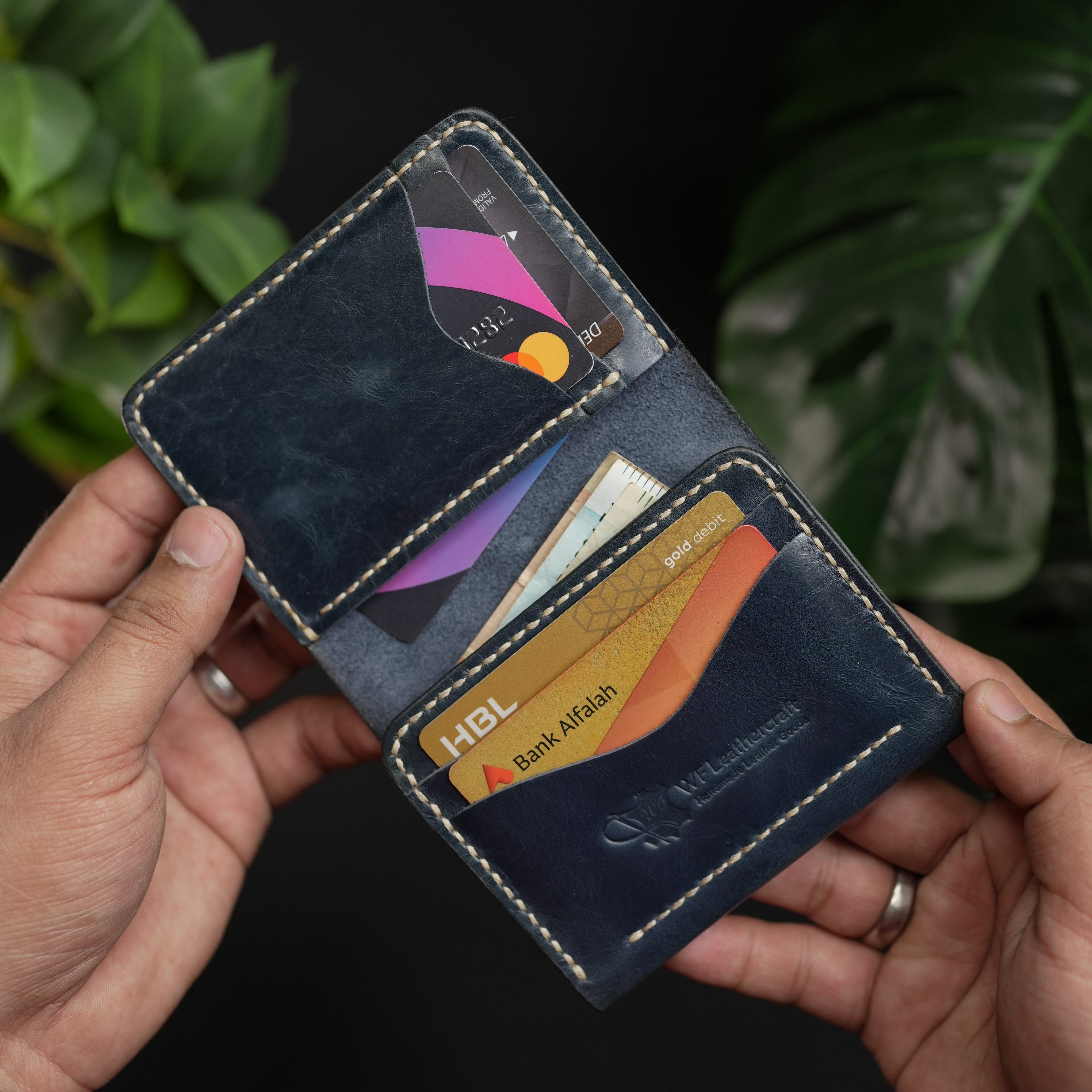 No.69 Vertical  Bifold Leather Wallet Olive Blue Color