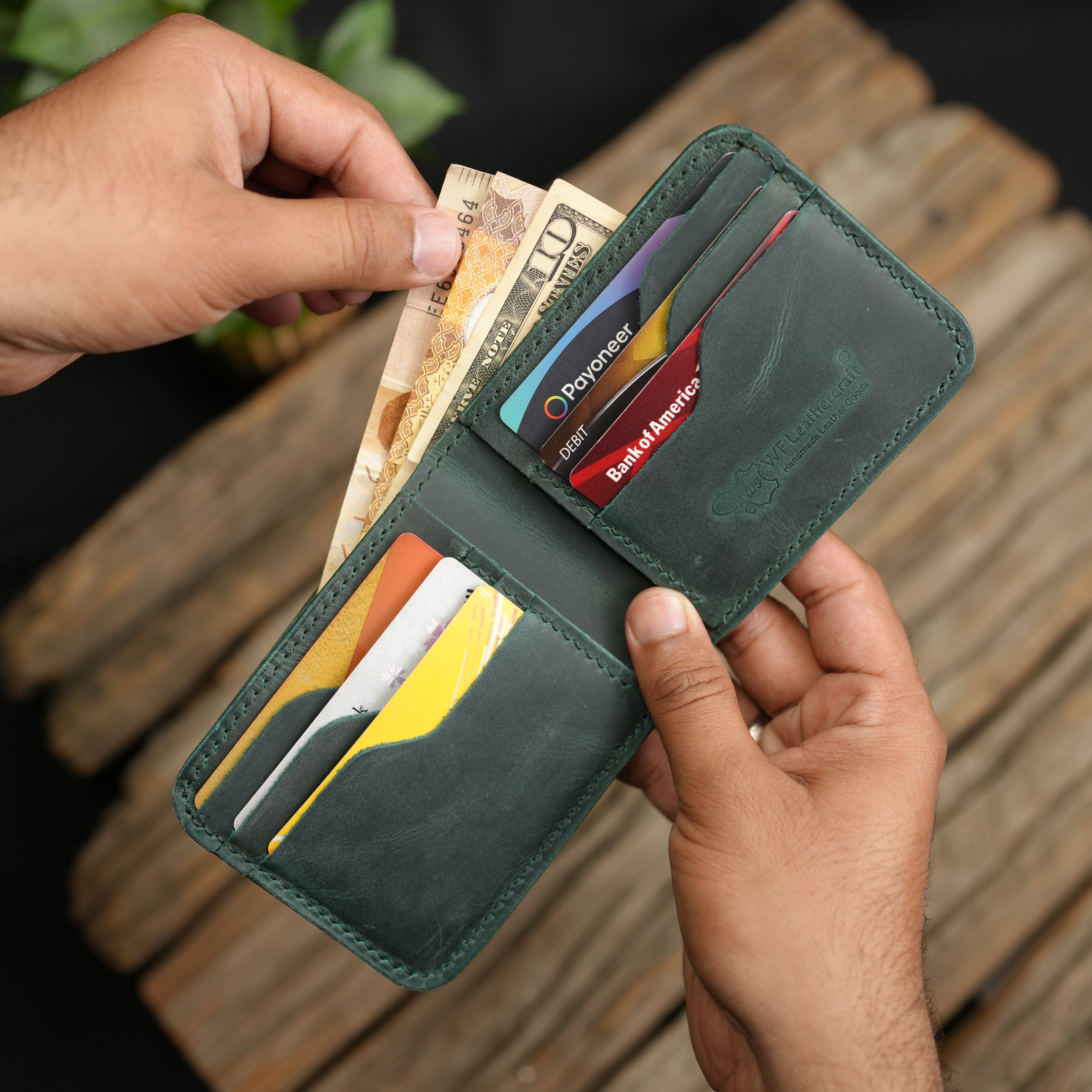 No.55 Pro Classic Bifold Wallet Leather wallet Full Stitching Green Color
