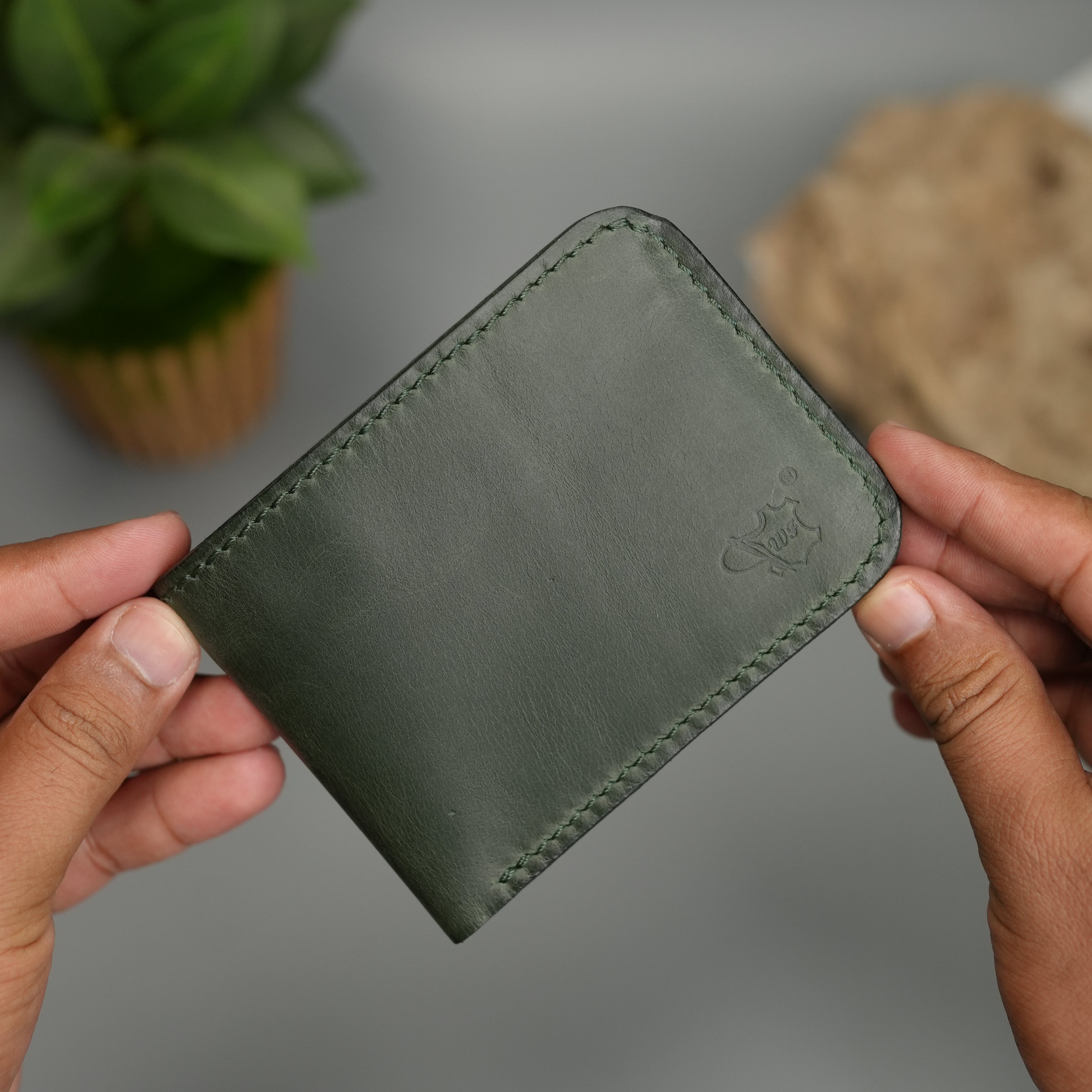 No. 55 claasic Leather Wallet Full Stitshing Green Color