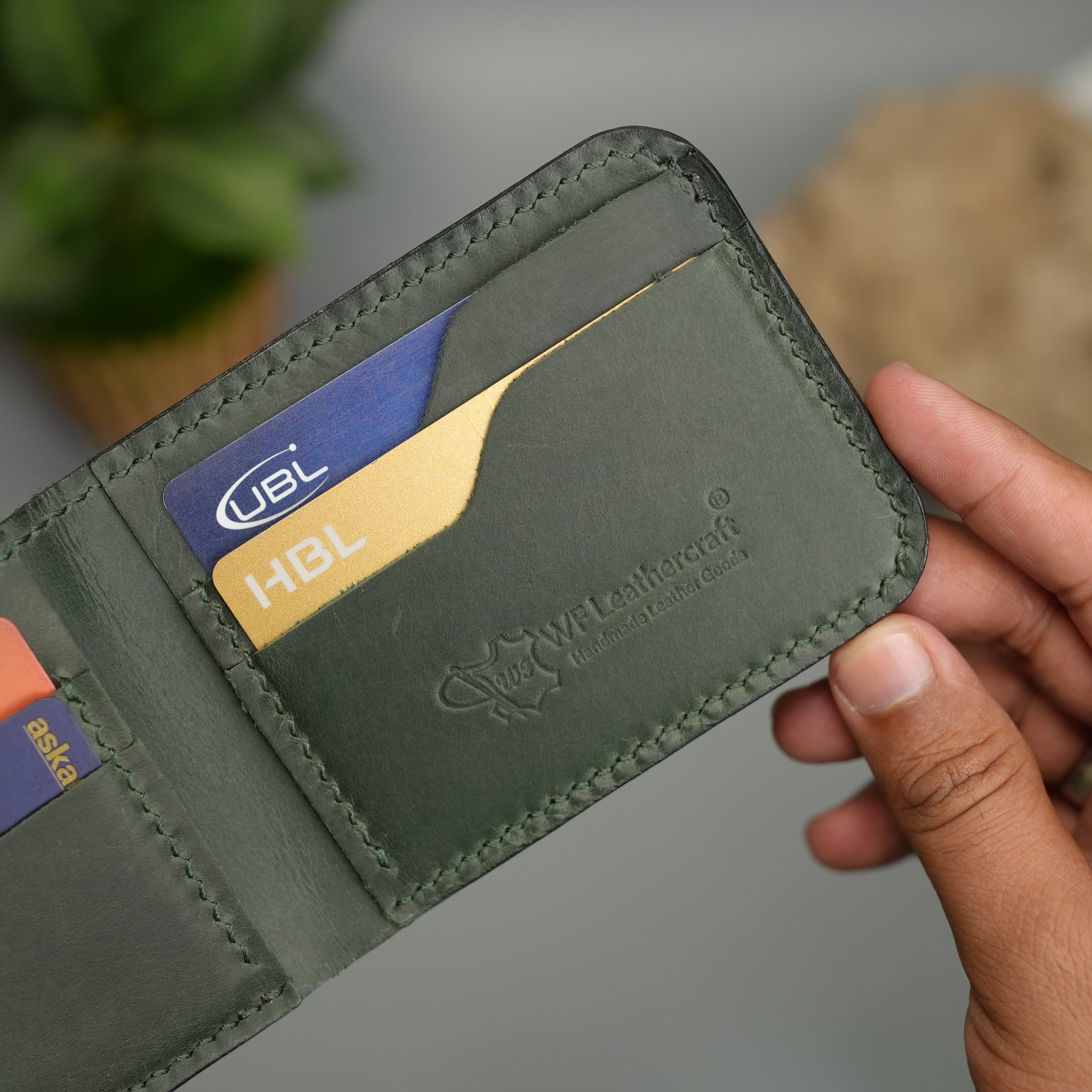 No. 55 claasic Leather Wallet Full Stitshing Green Color